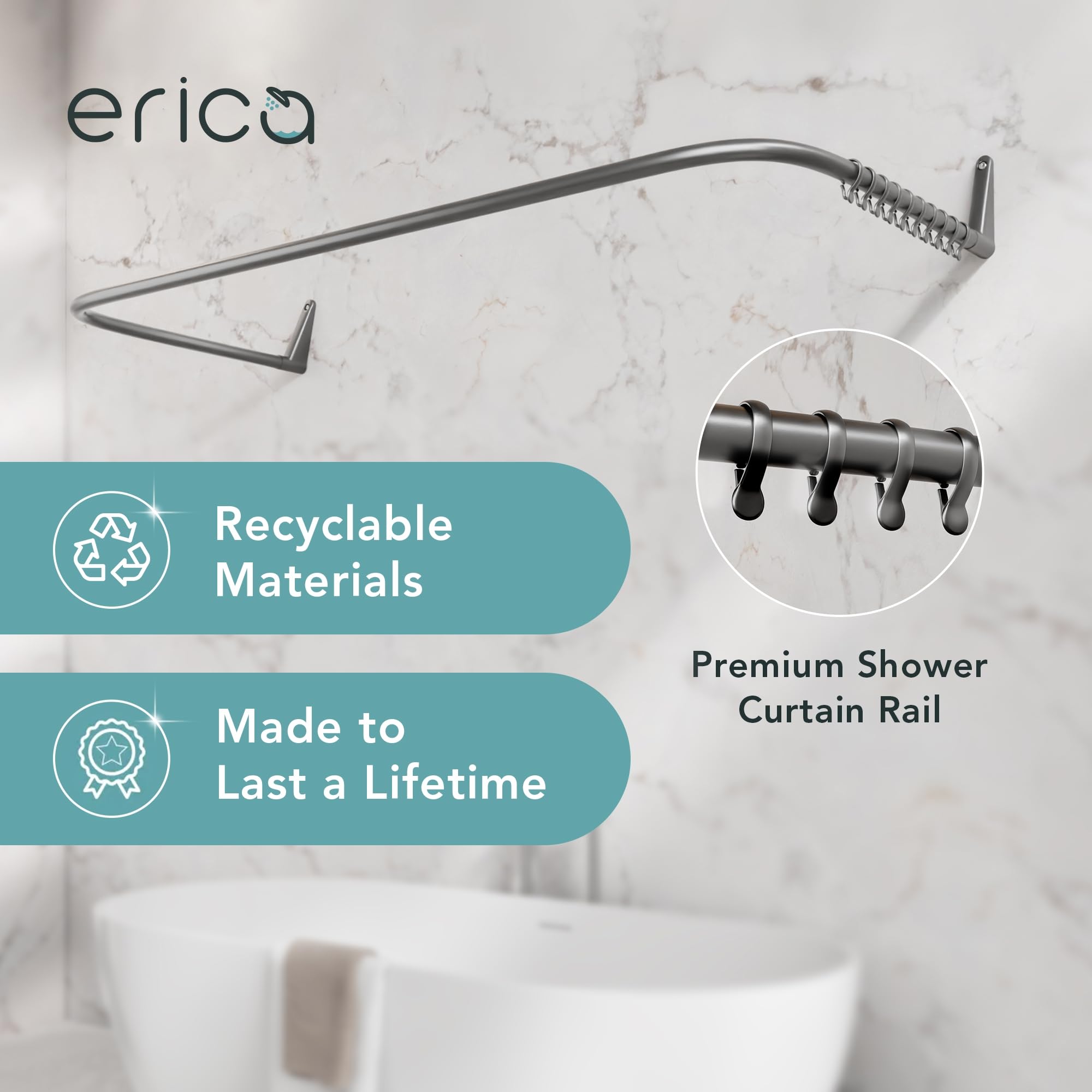 Erica Shower Curtain Pole, 4-in-1 System in U-shape and L-shape, Wall Mounted Without Ceiling Mount, Glossy Grey Powder Coated Steel