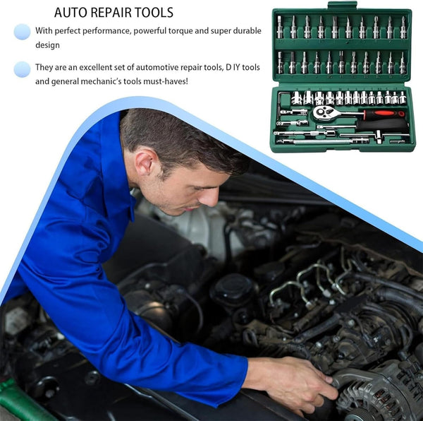 Slim Ratchet Set, with Bit Socket Set Metric and Extension Bar for Auto Repairing and Household, with Storage Case (Black)