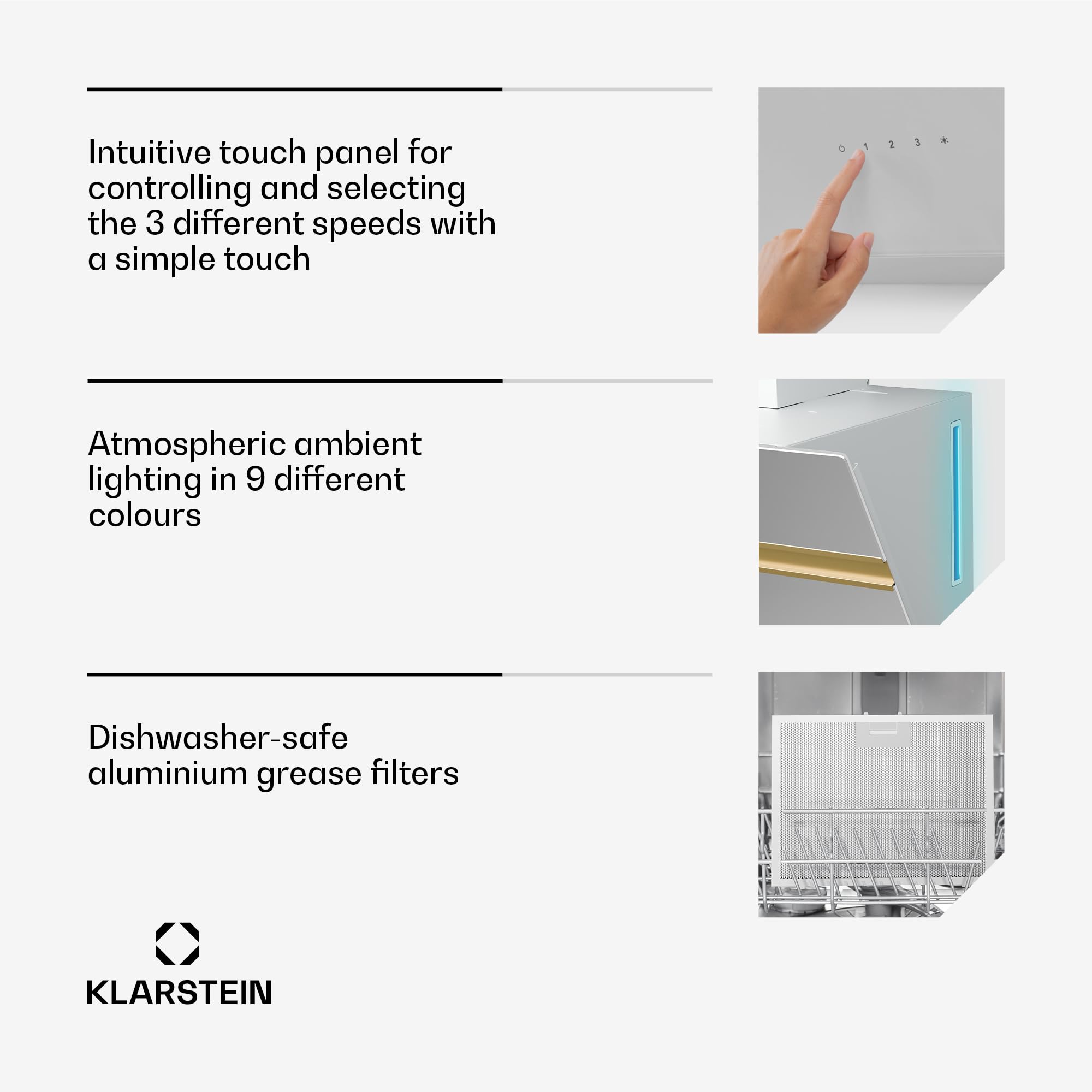 Klarstein Alina 90 Angled Cooker Hood - 600m³/h Air Flow, Touch Panel, LED Backlighting, Quiet 63dB, Energy Class A, 90cm Extractor Hood, Black