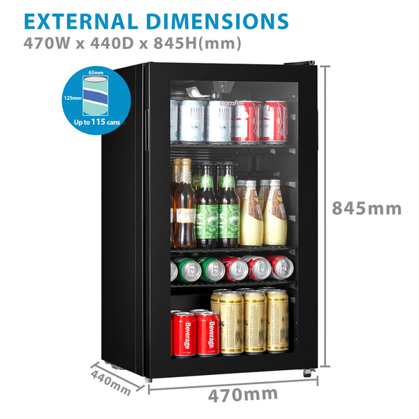 COMFEE' RCZ99BG2(E) Under Counter Beer & Drinks Fridge-93L Capacity,Holds up to 115 Cans, Premium Temperature Performance (2℃ to 15℃), Full Length Low-E Glass, Removable Shelves, LED Light, Low Noise