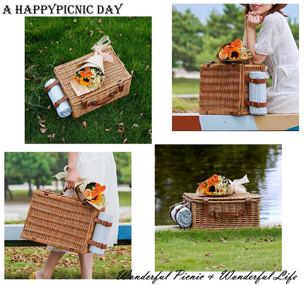 HappyPicnic Wicker Picnic Basket Set for 4 Persons - Large Willow Hamper with Large Insulated Cooler Compartment, Free Waterproof Blanket and Cutlery