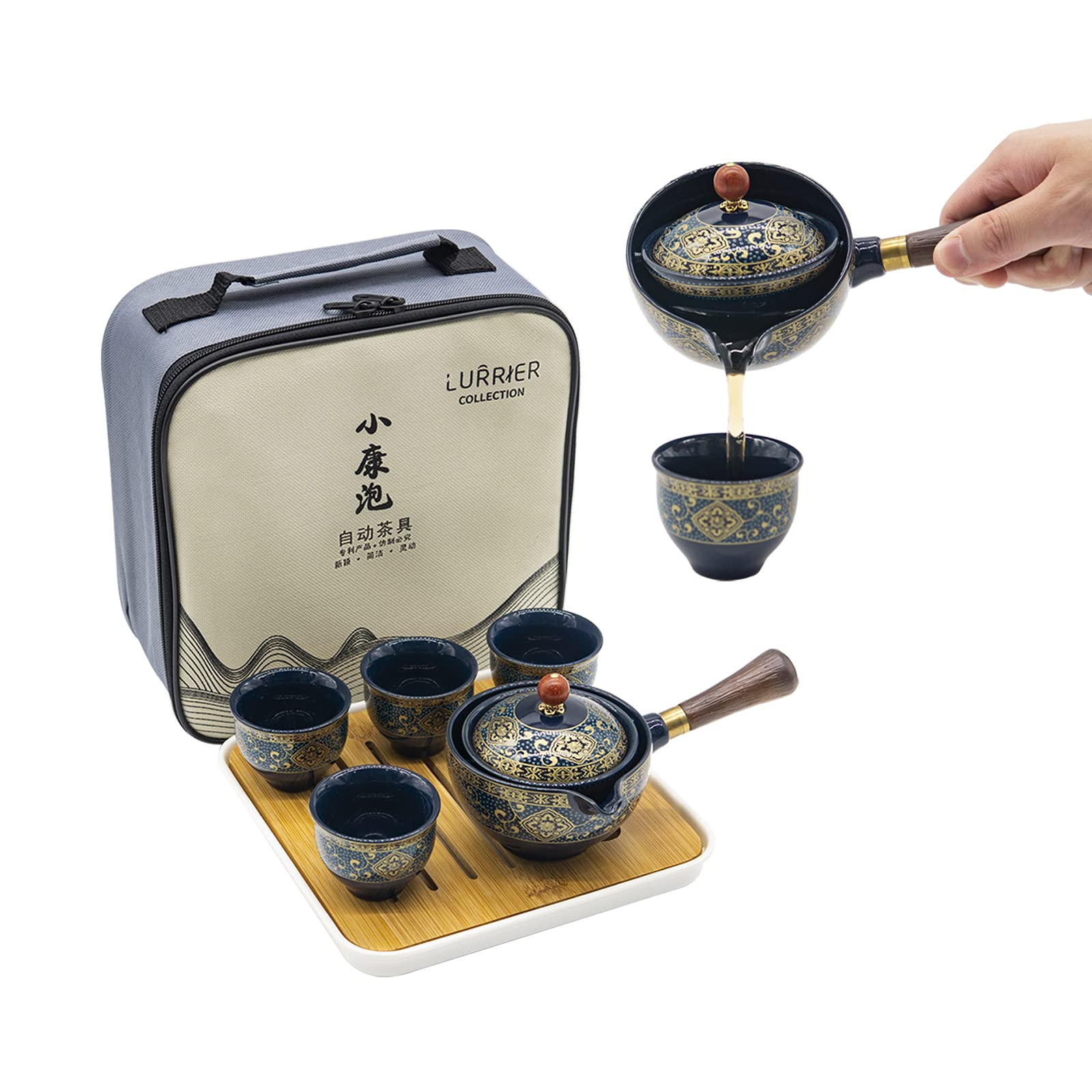 LURRIER Porcelain Chinese Gongfu Tea Set,Portable Teapot Set with 360 Rotation Tea Maker and Infuser,Portable All in One Gift Bag for