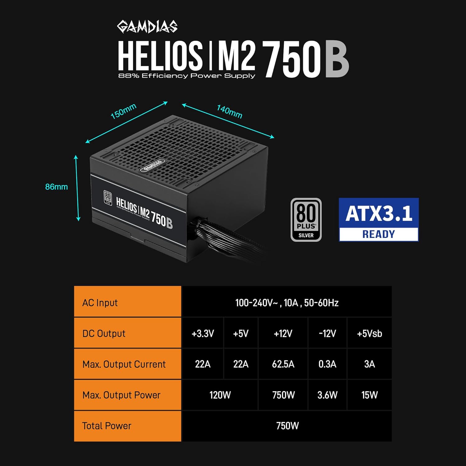 GAMDIAS HELIOS P2-750G Low-Noise ATX PC Power Supply, 80 PLUS Gold Non-Modular Computer PSU, ATX 3.1 & PCIe Gen 5.1 Ready, Native 12VHPWR Cable, Full DC-DC, LLC Resonant Circuit Design, Black