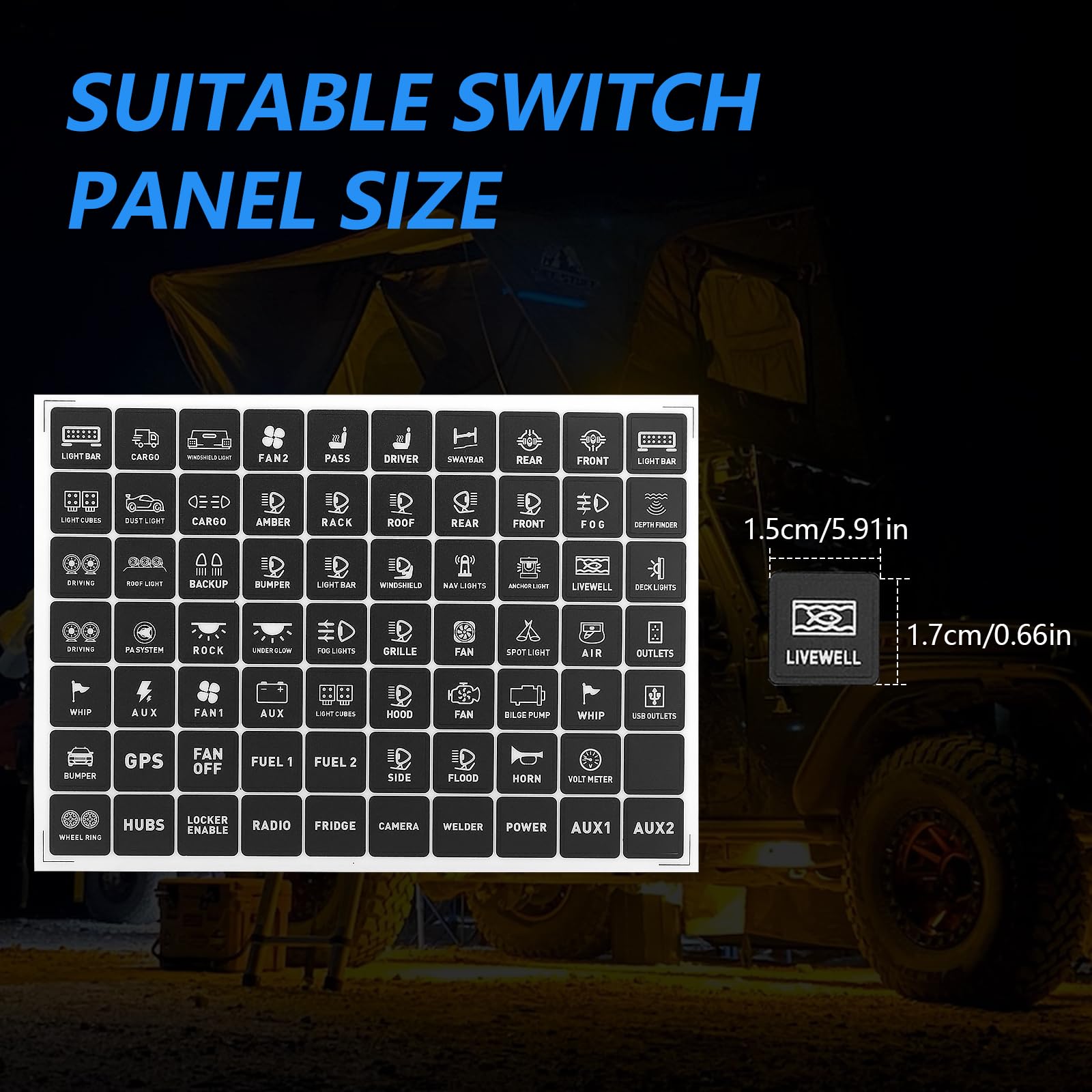 Chelhead 140PCS Vehicle Switch Panel Stickers for P2-6/8/12 Gang Switch Panel Universal Waterproof Multi-Function Button Control Rocker Labels Compatible with Car Dashboard, Boat, RV, Truck