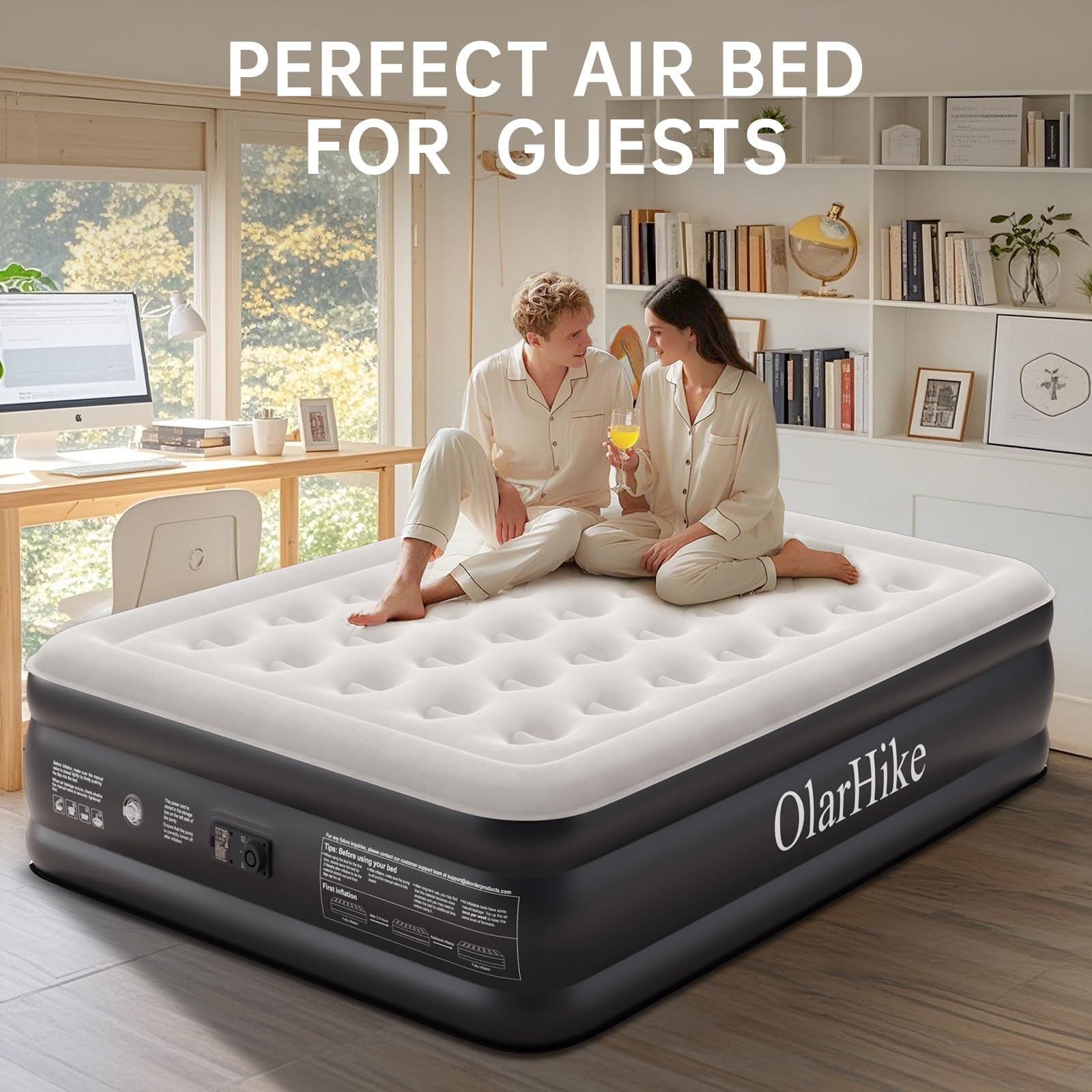 OlarHike Inflatable Mattress, Air Bed Double with Built-in Electric Pump, King Size Blow Up Self Inflating Guest Airbed with Flocked Surface for Camping or Home Use, 190cm L x 140cm W x 46cm H(Black)