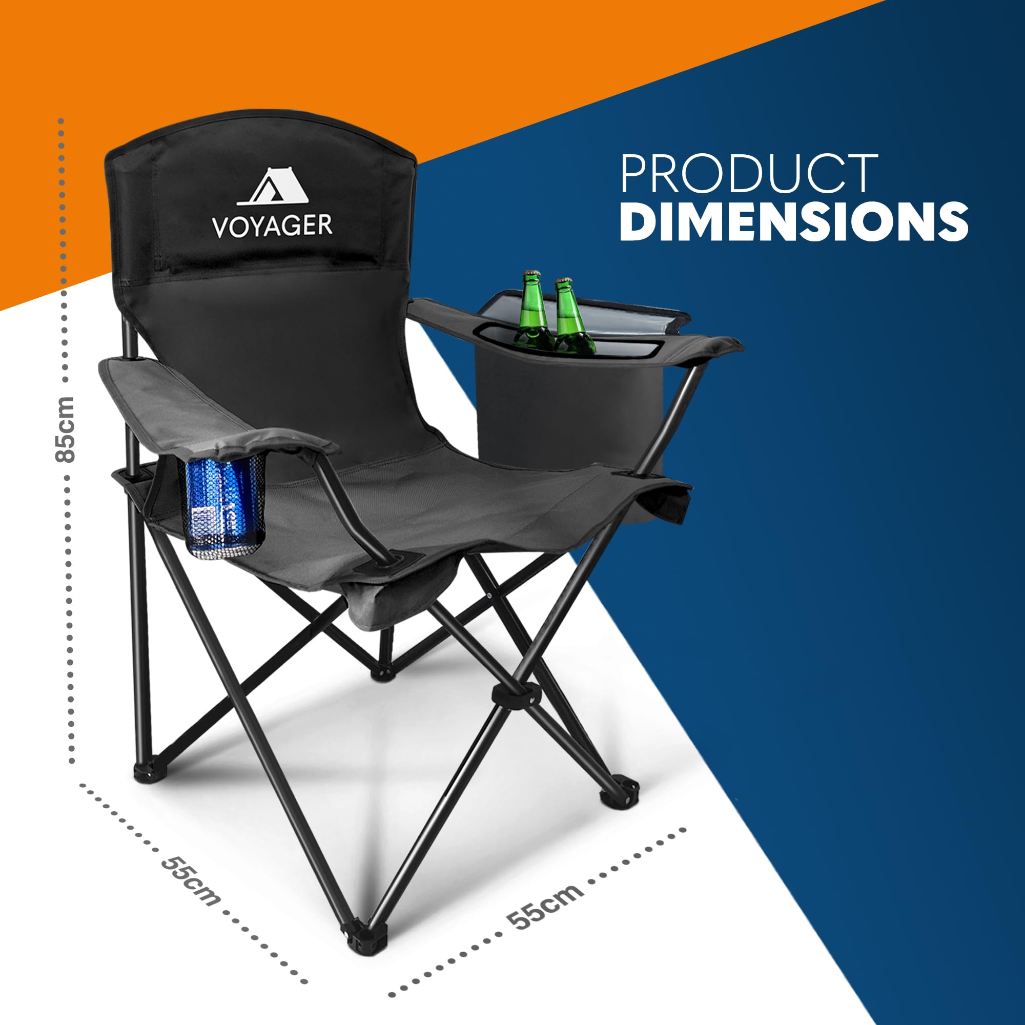 Voyager Folding Camping Chairs 2 Pack with Cooler Bag, Lightweight Q195 Steel Frame, 600D Oxford Fabric, Portable & Comfortable - Black (Black, Padded)