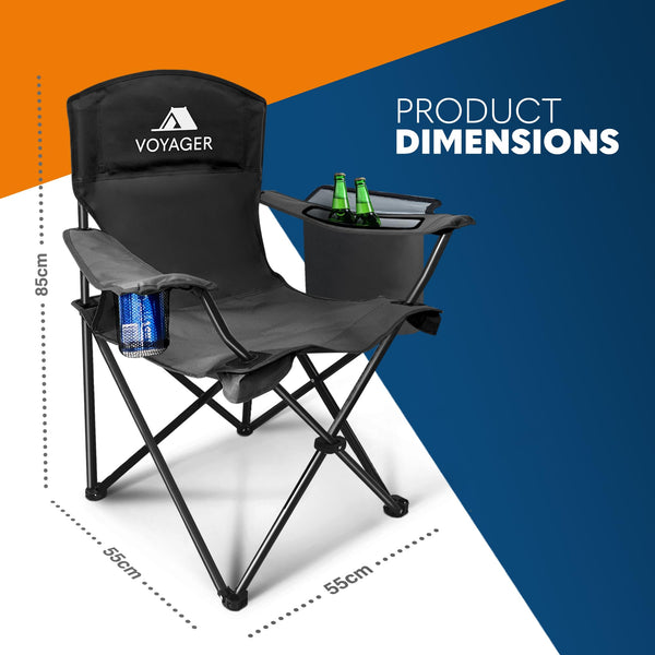Voyager Folding Camping Chairs 2 Pack with Cooler Bag, Lightweight Q195 Steel Frame, 600D Oxford Fabric, Portable & Comfortable - Black (Black, Padded)