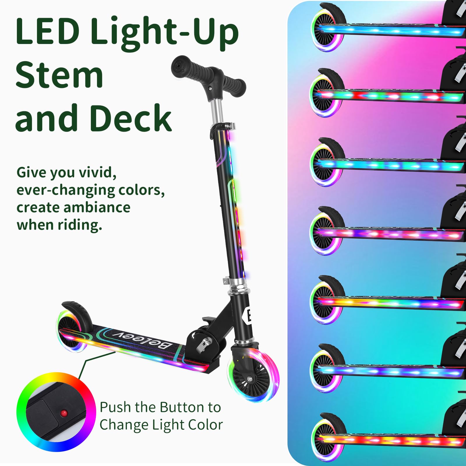 BELEEV V2 Scooters for Kids with Light-Up Wheels & Stem & Deck, 2 Wheel Folding Scooter for Girls Boys, 3 Adjustable Height, Non-Slip Pattern Deck,
