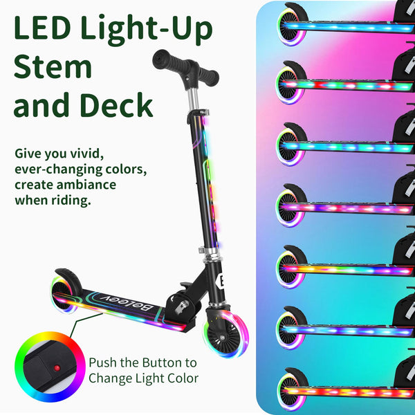 BELEEV V2 Scooters for Kids with Light-Up Wheels & Stem & Deck, 2 Wheel Folding Scooter for Girls Boys, 3 Adjustable Height, Non-Slip Pattern Deck,