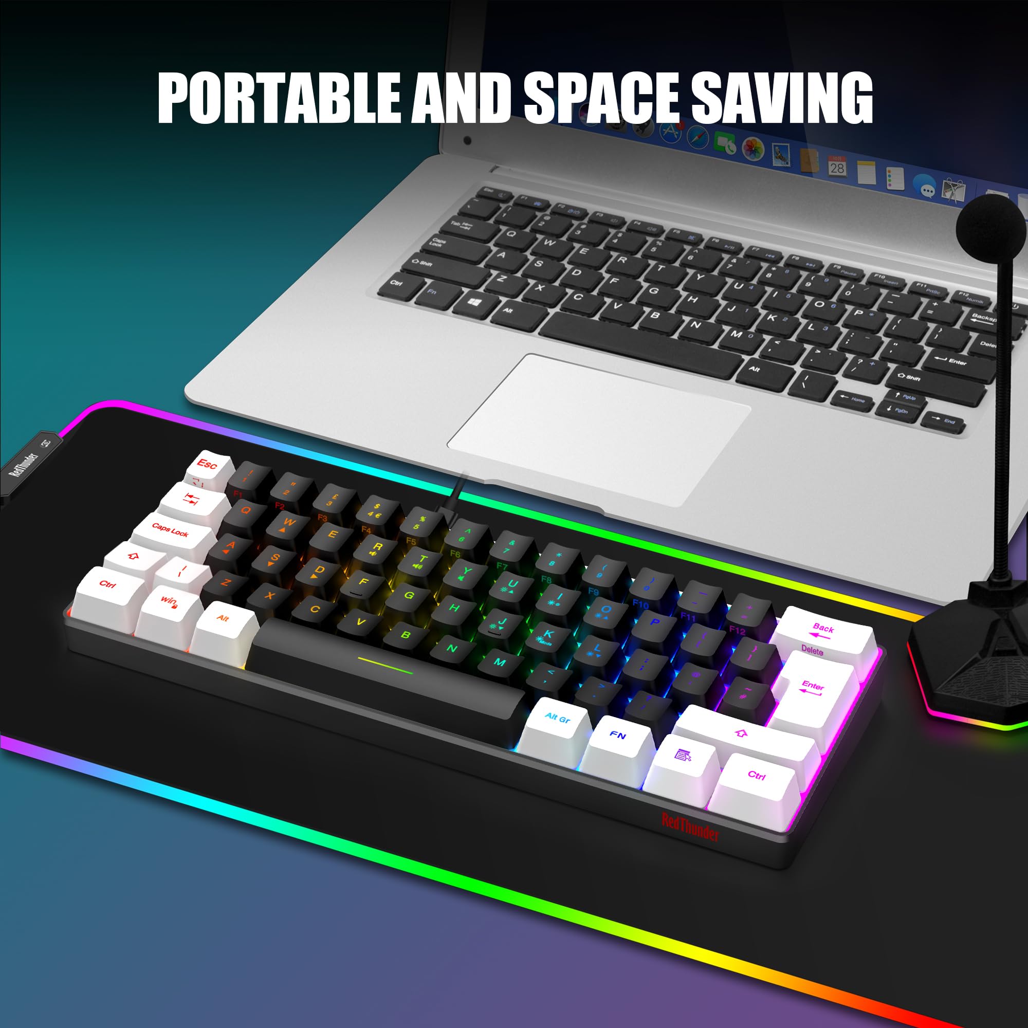 RedThunder 60% RGB Gaming Keyboard and Mouse Combo, UK Layout Ultra Compact Backlit Mini Keyboard, Lightweight 7200 DPI Cellular Optical Mouse, Portable Wired Gaming Set for PC PS5 Xbox Gamers (Black)