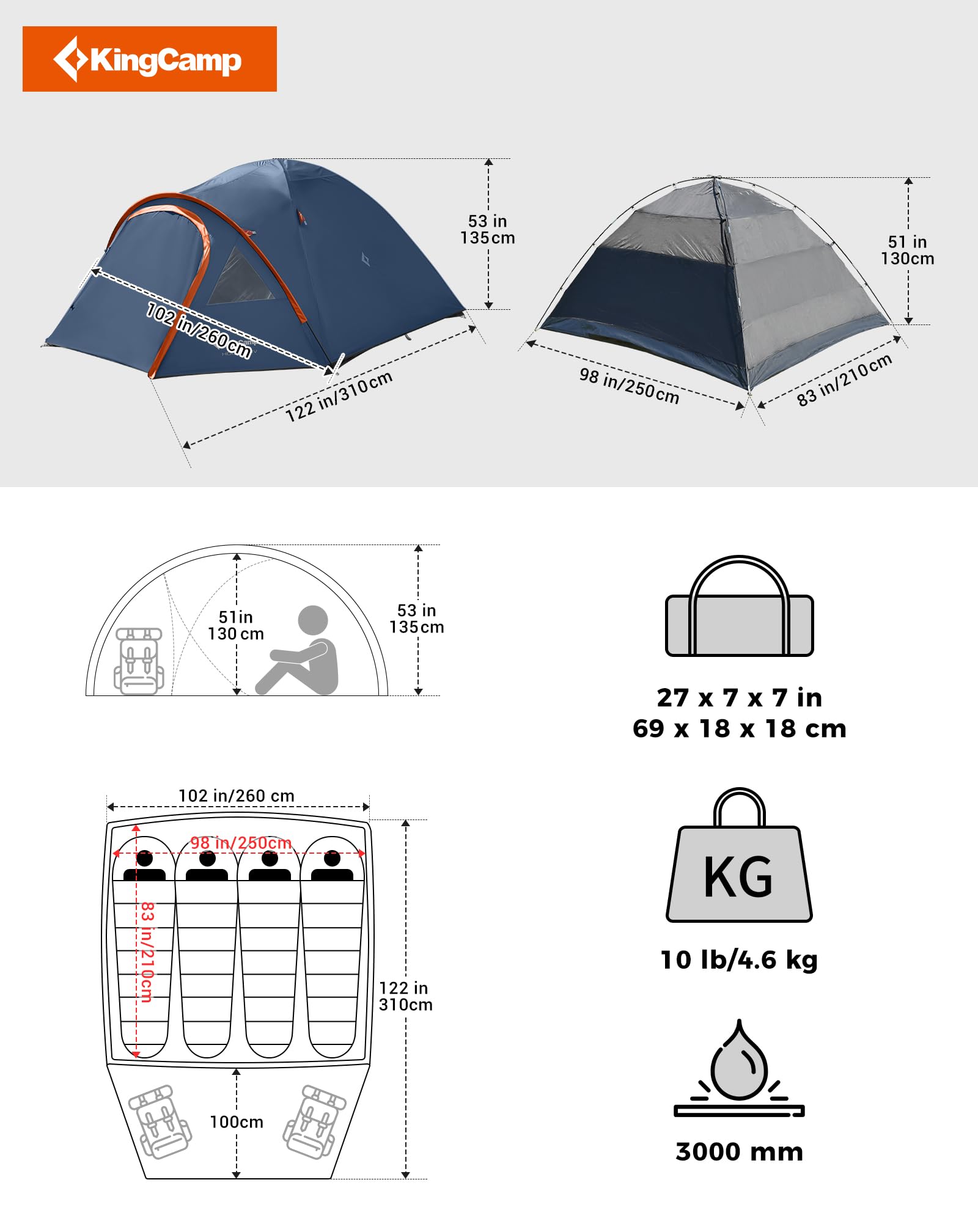 KingCamp Camping Tent for 4 Man, Ultralight Waterproof Dome Tent, Compact and Backpack-Friendly, Ideal Tent for Camping, Trekking and Outdoors