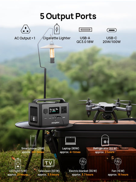 AFERIY 400W Portable Power Station 256Wh LiFePO4 Battery 1.5-hour Fast Charging, 5 Ports, Pure Sine Wave 230V Output, UPS Power Supply for Outdoor Camping and Emergency Backup