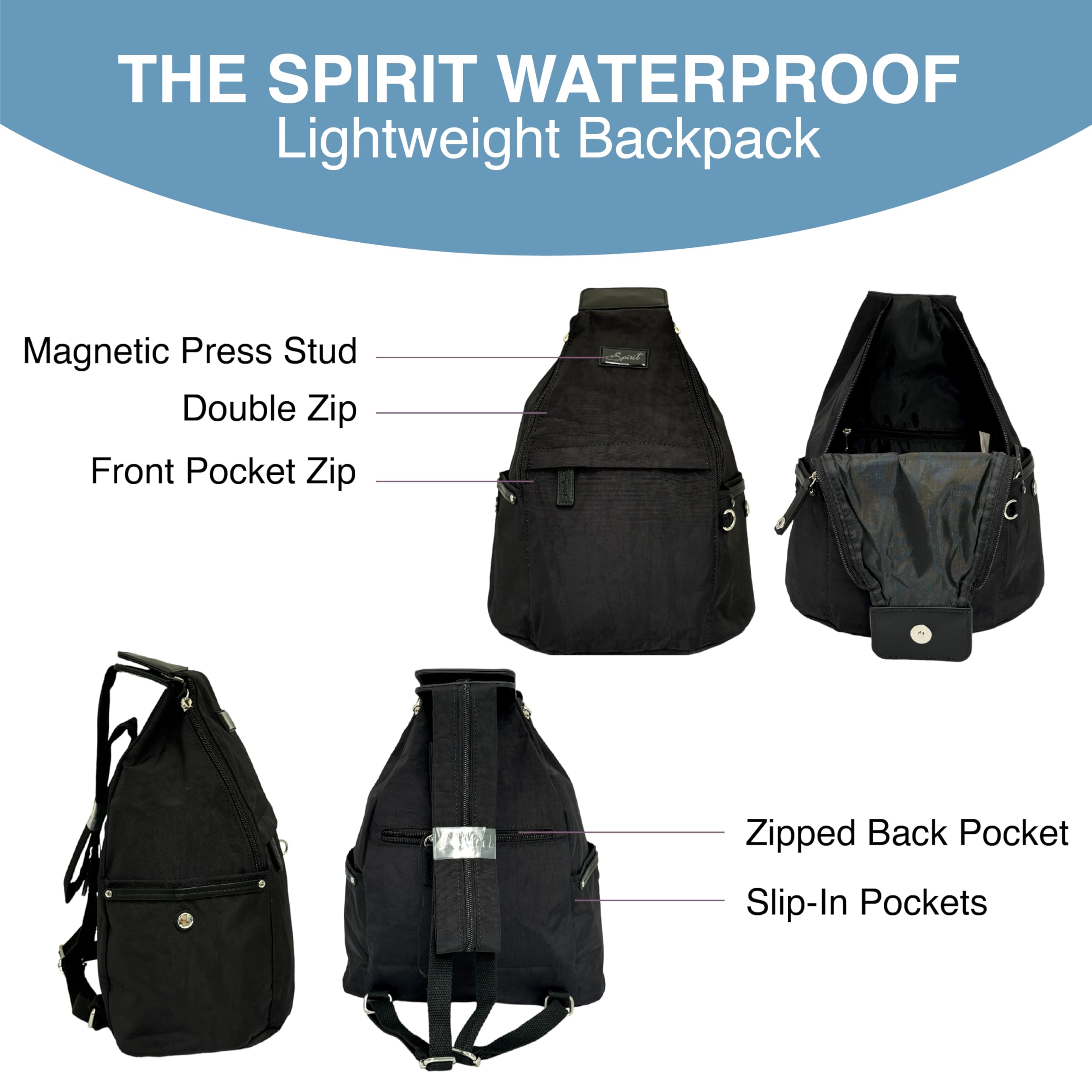 Spirit - Nylon Waterproof Backpack - Lightweight Rucksack with Multiple Pockets and Adjustable Straps - Travel and Holiday Backpack, Black