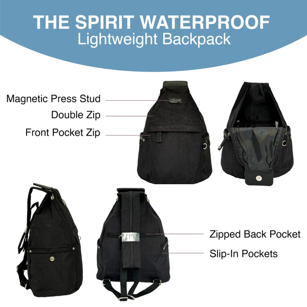 Spirit - Nylon Waterproof Backpack - Lightweight Rucksack with Multiple Pockets and Adjustable Straps - Travel and Holiday Backpack, Black