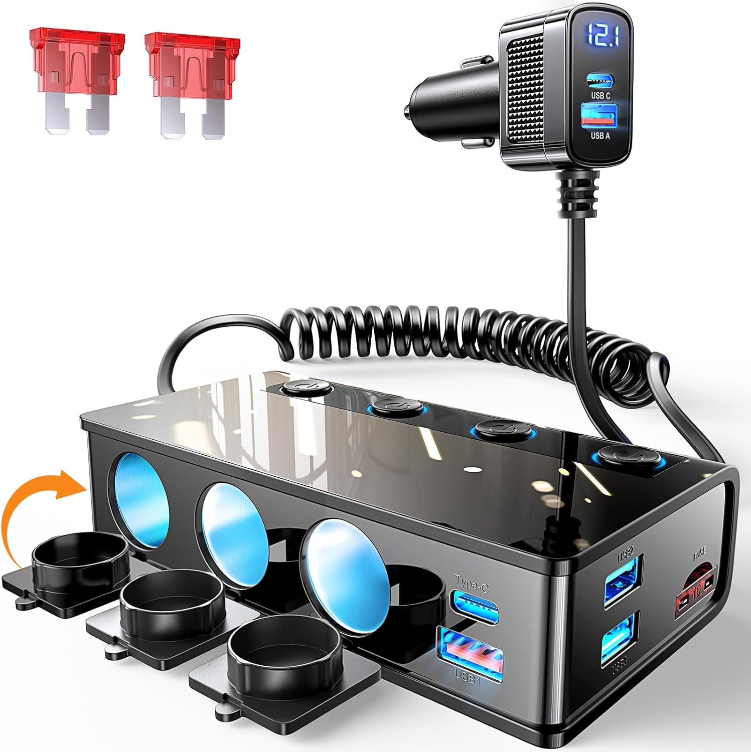 LISEN 9-in-1 Car Cigarette Lighter Multi Socket, 191W Cigarette Lighter Splitter Car 12V Multi Socket Car Charger Adapter Accessories for iPhone 16/15/14, Samsung and All Road Trip Car Devices