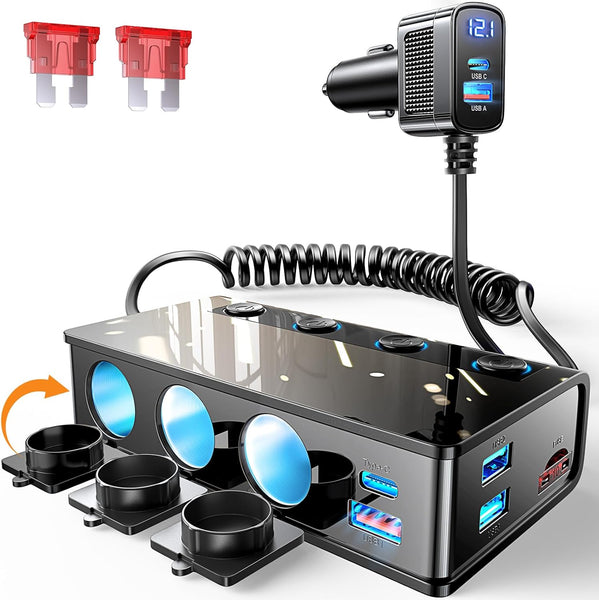 LISEN 9-in-1 Car Cigarette Lighter Multi Socket, 191W Cigarette Lighter Splitter Car 12V Multi Socket Car Charger Adapter Accessories for iPhone 16/15/14, Samsung and All Road Trip Car Devices