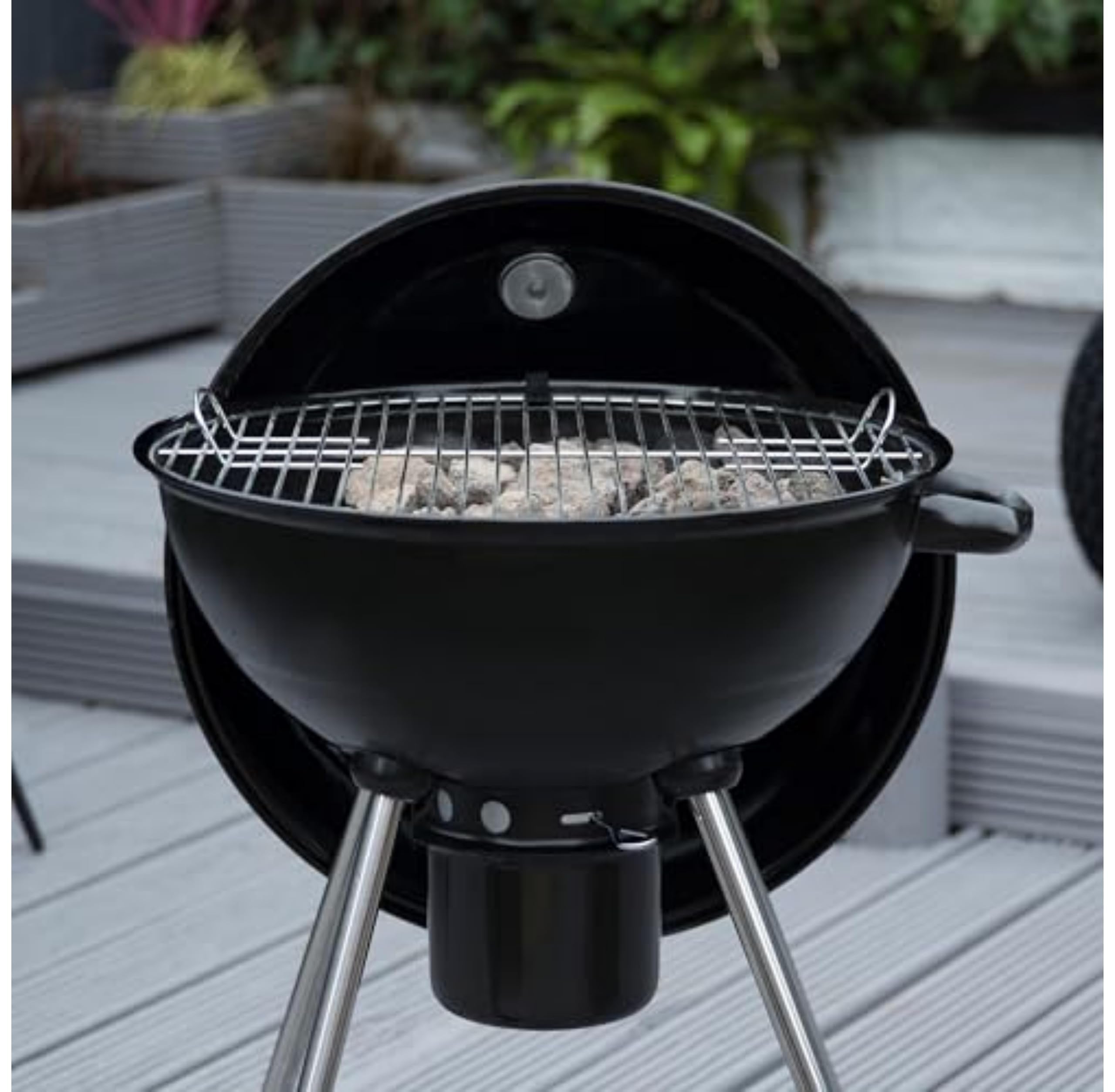 George Foreman Portable Charcoal BBQ Round Kettle 47.5 cm, Adjustable Vent, Integrated Thermometer, Charcoal Barbecue, Stand & 2 Wheels with Chrome Grill, GFKTBBQ, 60x51x90