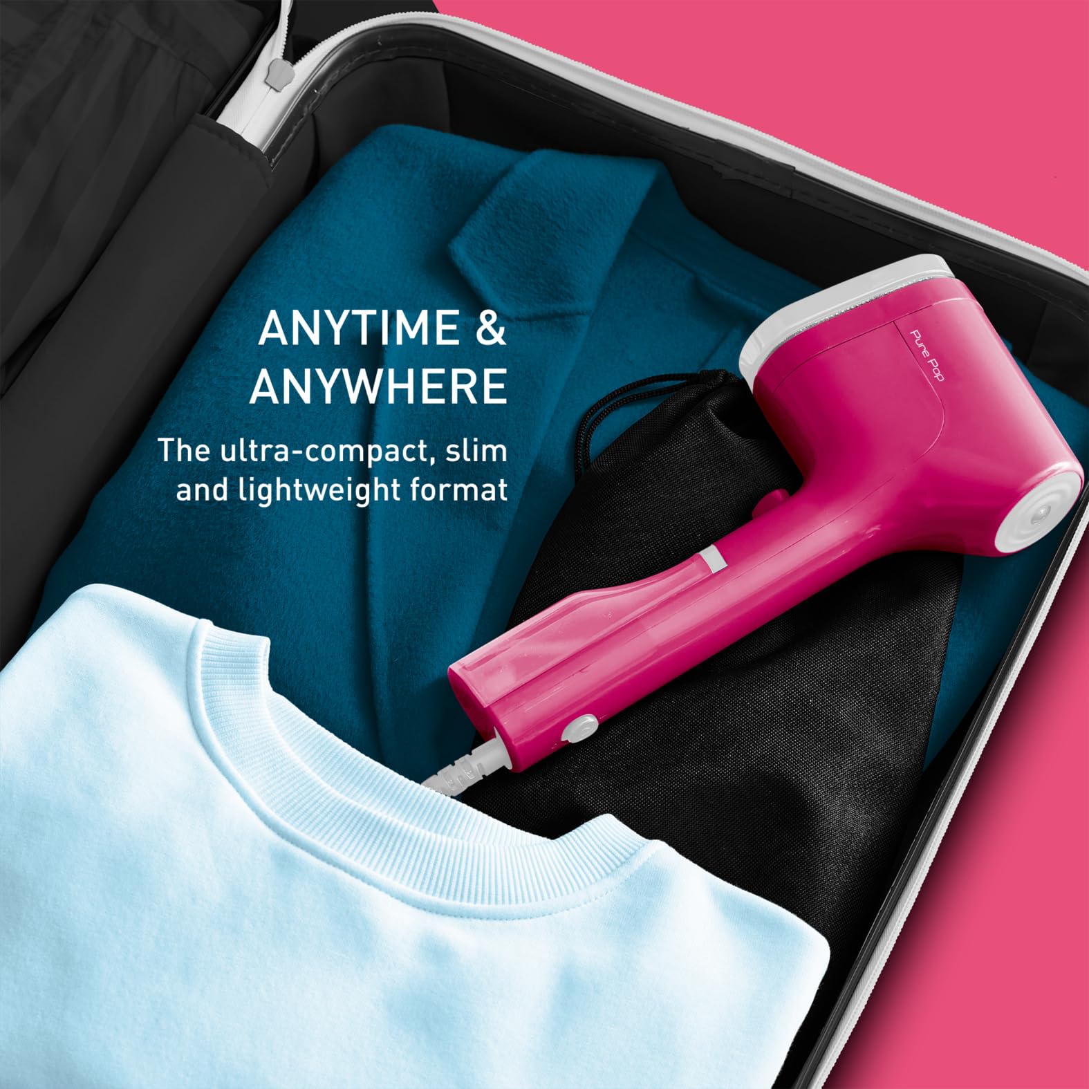 Tefal Pure Pop Slim Handheld Clothes Steamer, No Ironing Board Needed, Ready to Use in 15 Seconds, 70ml Detachable Water Tank, Travel Iron, Garment Steamer, Pink, DT2023