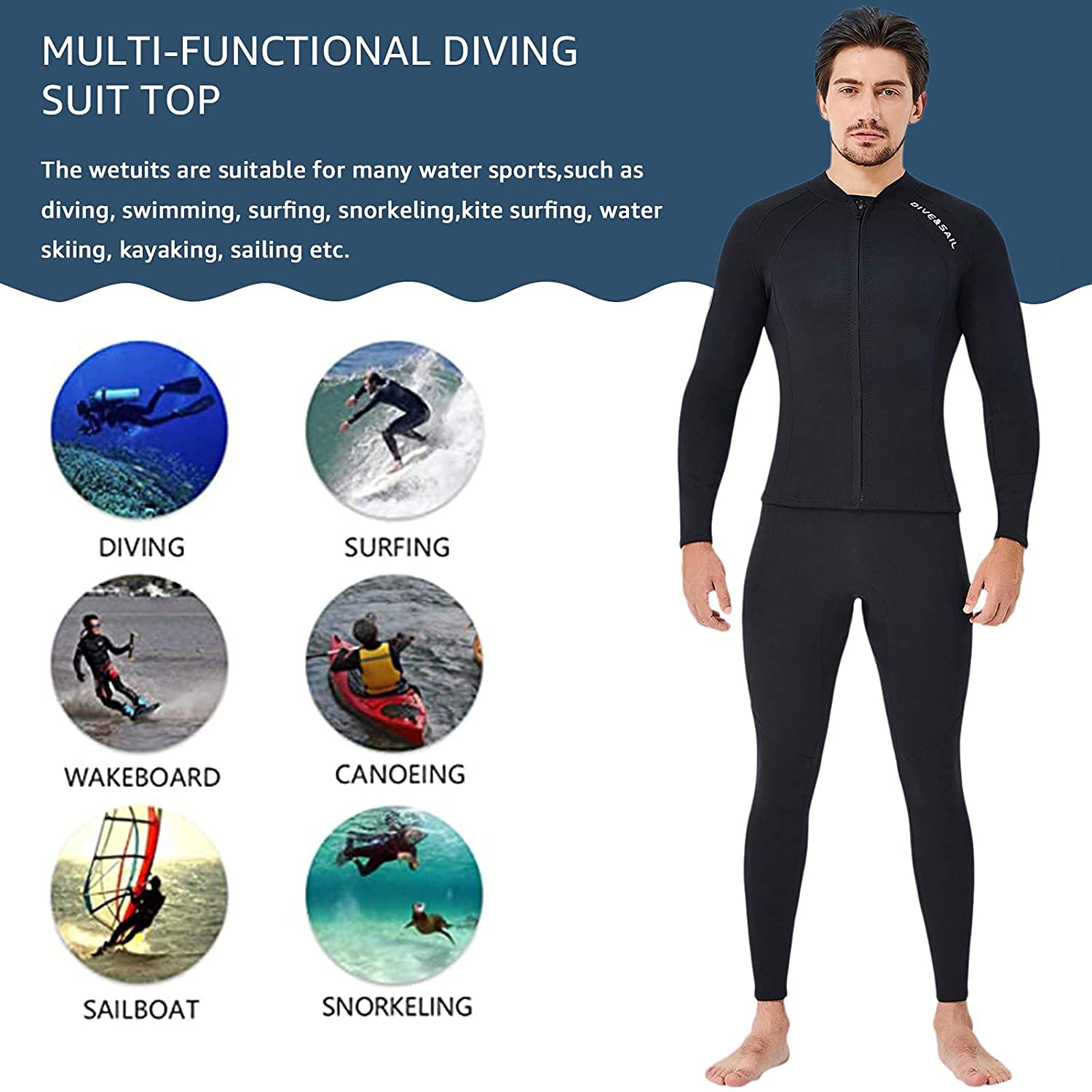 EUPTE 2mm Wetsuits Women/Men Long Sleeve Jacket UPF50+ UV Protection Diving Skin Suit Top for Scuba Diving Snorkeling Surfing Swimming (men, 2XL)