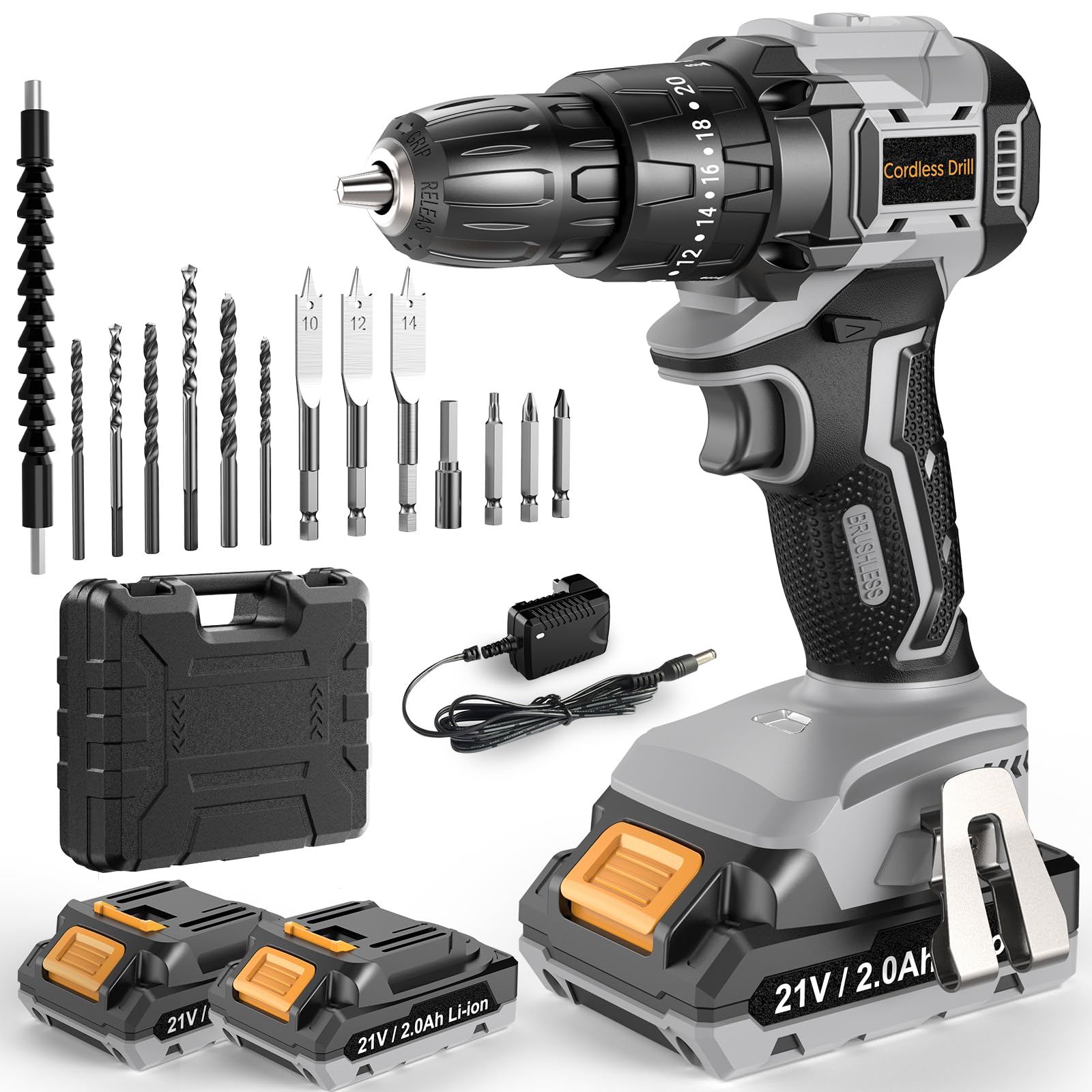 DYJPOW Brushless Cordless Hammer Drill Driver 21V, 2 Batteries 2000mAh, 20+3 Torque, 45N.m Max, 14PCS Drill Bits, 2 Speed, LED Light for Home, Garden DIY