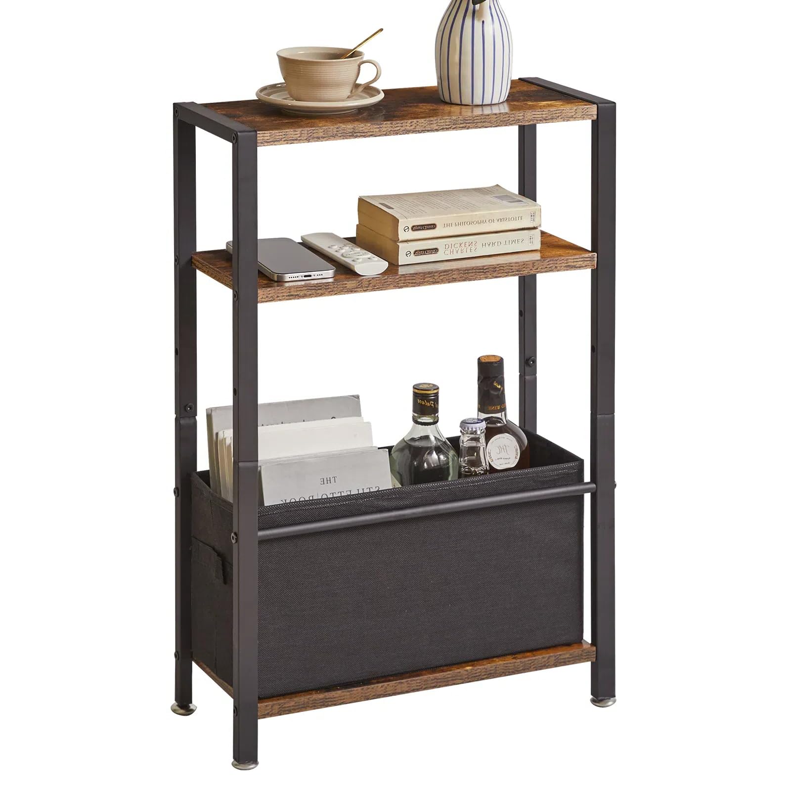 Aibiju Side Table,3-Tier Small Narrow Side Table with Storage Shelf,Slim End Tables with Fabric Basket for Narrow and Small Spaces,Rustic