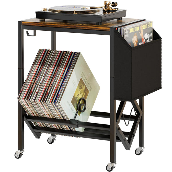 EKNITEY Vinyl Record Player Stand - Record Player Table with Storage Hold 80 Albums Turntable Stand with Organizer Pocket and Wheels
