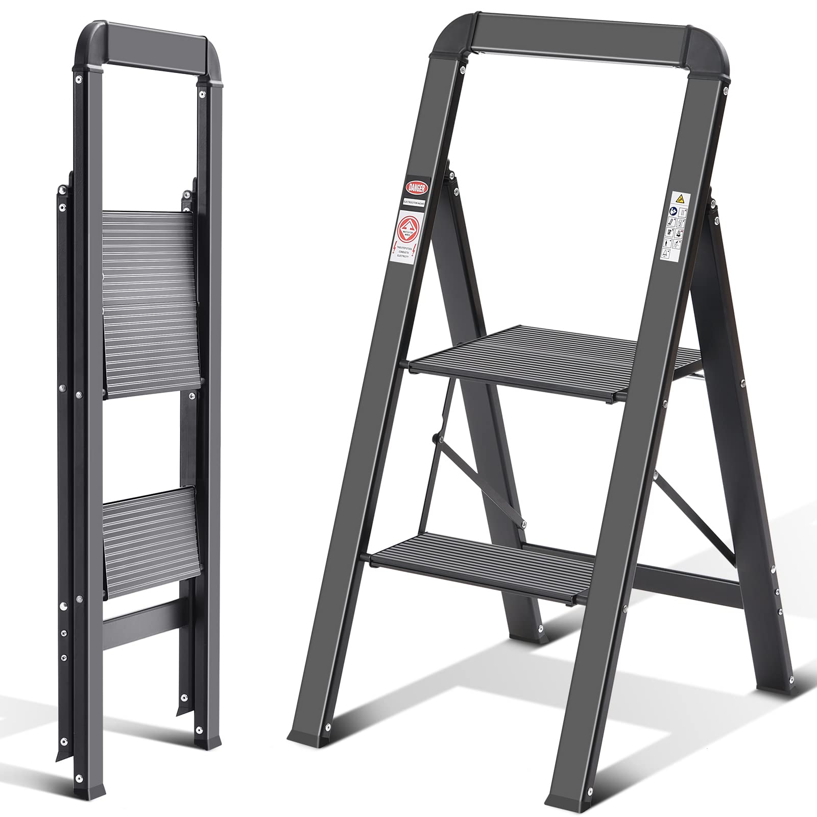 KINGRACK 2 Step Ladder with Handrail, Non-Slip Household Ladder with Folding Safety, Aluminium Folding Step Stool, Maximum Load 150 kg, Black