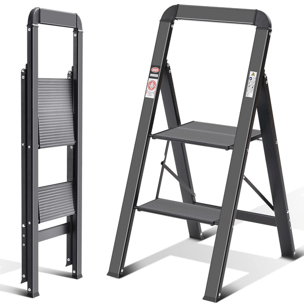 KINGRACK 2 Step Ladder with Handrail, Non-Slip Household Ladder with Folding Safety, Aluminium Folding Step Stool, Maximum Load 150 kg, Black