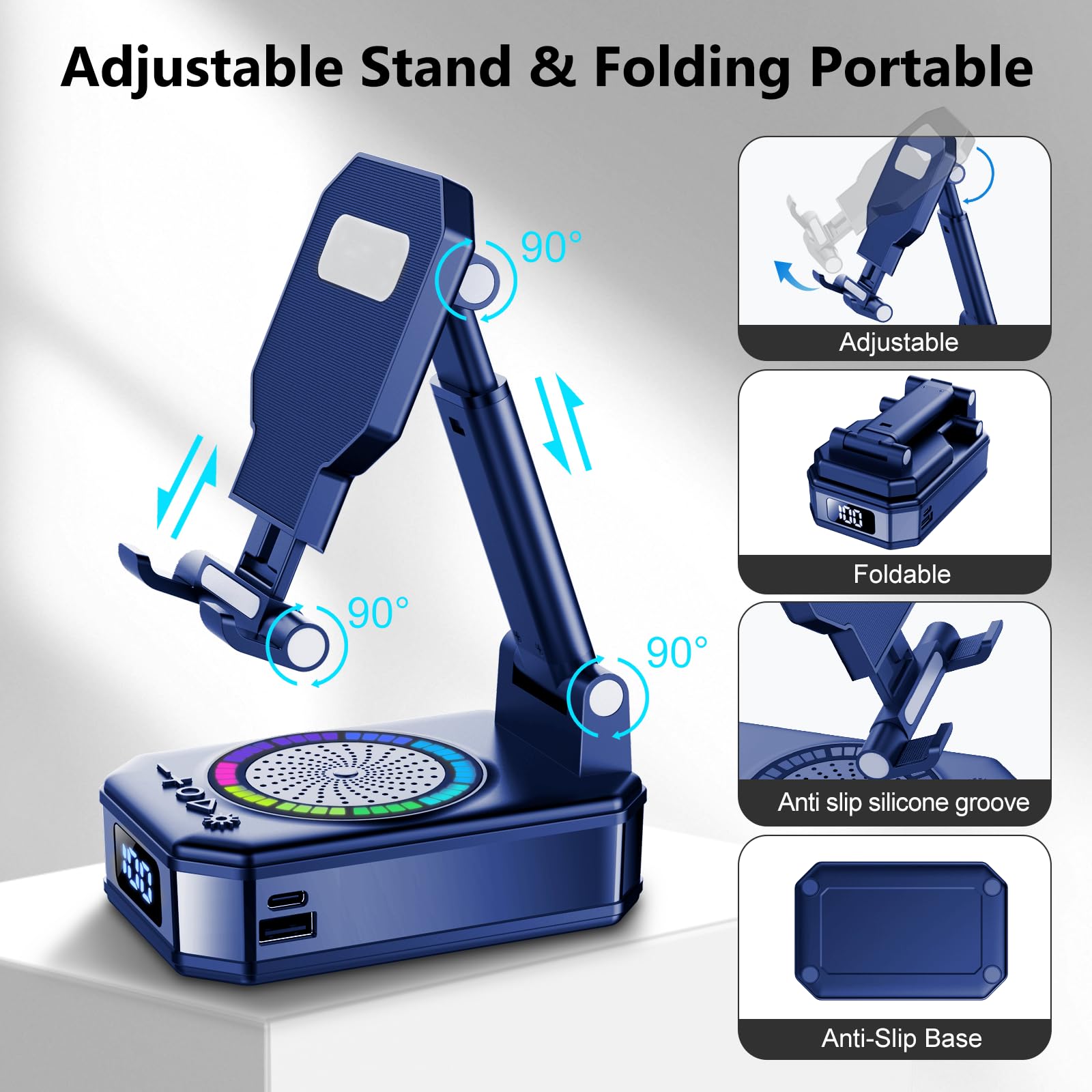 Gifts for Men Women, Phone Stand with Bluetooth Speaker, Anti-Slip Base, 4-in-1 Design with RGB, Foldable Phone Charger Stand with Wireless Speaker, Ideal for Dad Mom, Tech Gadget Stocking Fillers