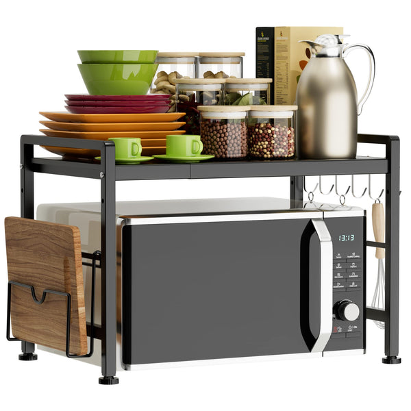 EKNITEY Extendable Microwave Oven Rack - Adjustable Kitchen Counter Shelf, 2 Tier Microwave Stand (L15.7~23.6" xW12.8 xH17.7) with 6 Hooks for Kitchen