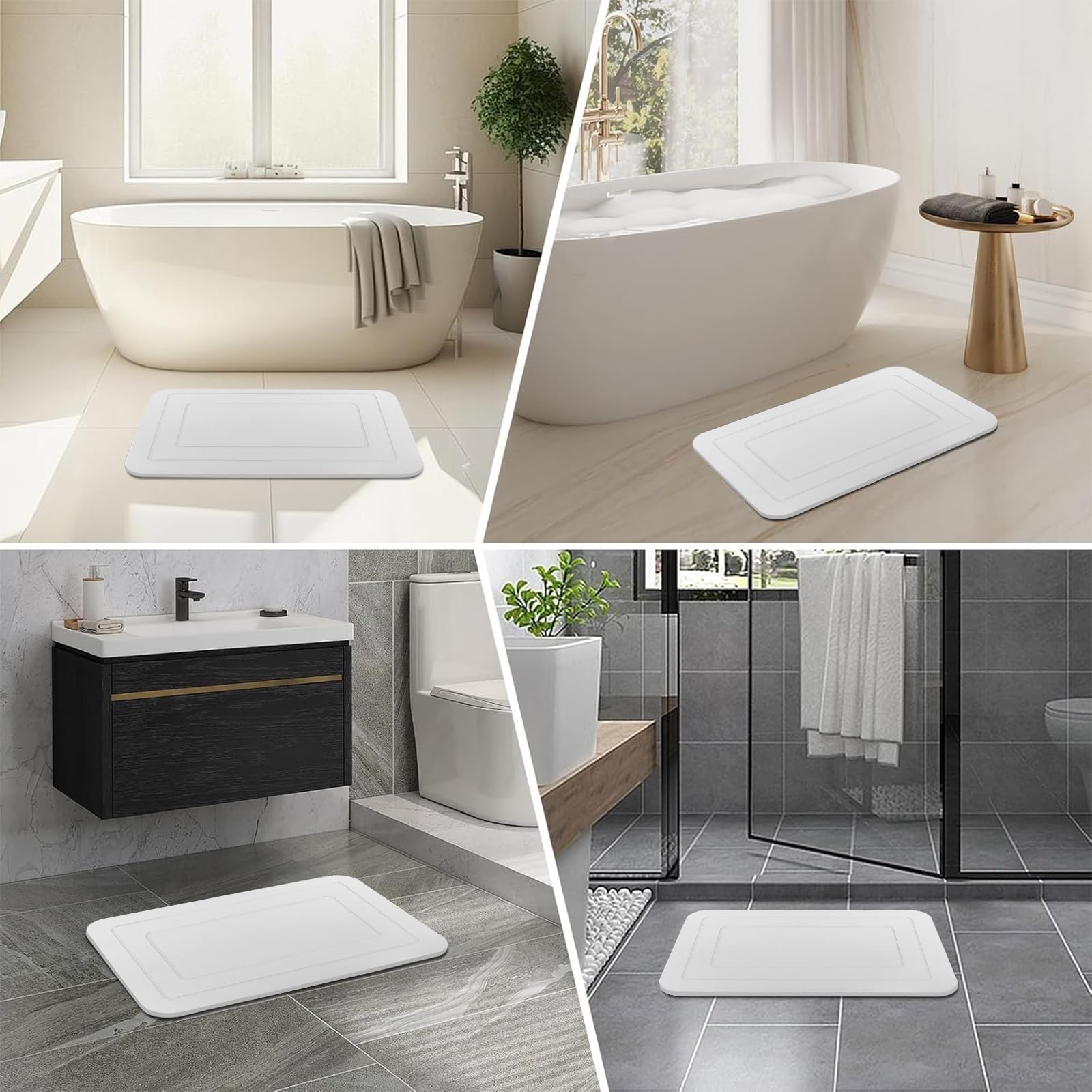 HUMIGA 2 Pack Stone Bath Mat, Diatomaceous Earth Shower Mat, Non-Slip Super Absorbent Quick Drying Bathroom Kitchen Floor Mat (White, 24x15)