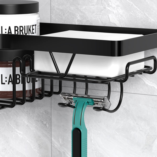 Kegii Telescopic Shower Caddy Corner - Stainless Steel Shower Shelf No Drilling Bathroom Caddy with Soap Holder and Hooks(White), On The Bath or Stand Up Shower