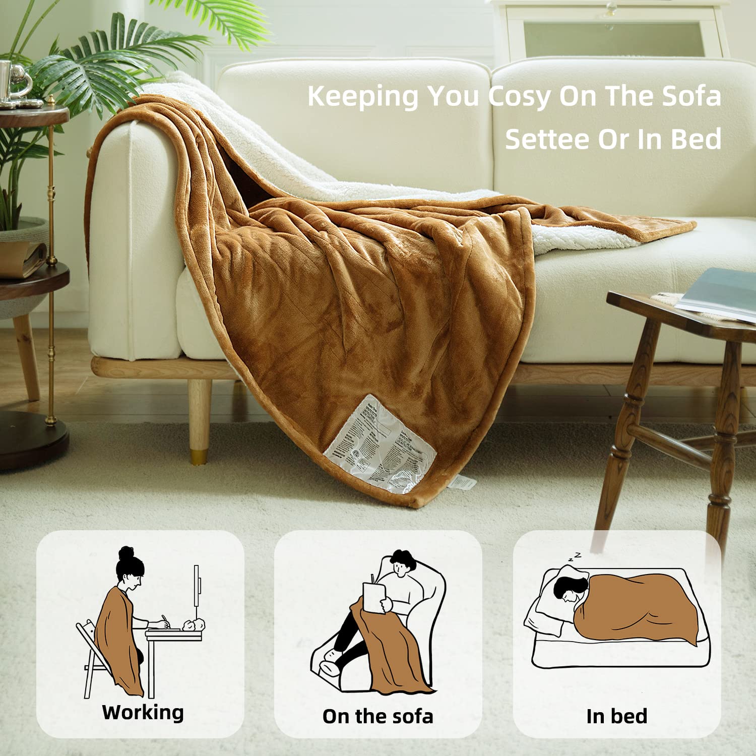 GOTCOZY Heated Blanket Electric Throw 130x160cm -Soft Silky Plush Heated Blanket with 6 Heat Settings & 10 Hours Auto-Off Timer For Home Office Use