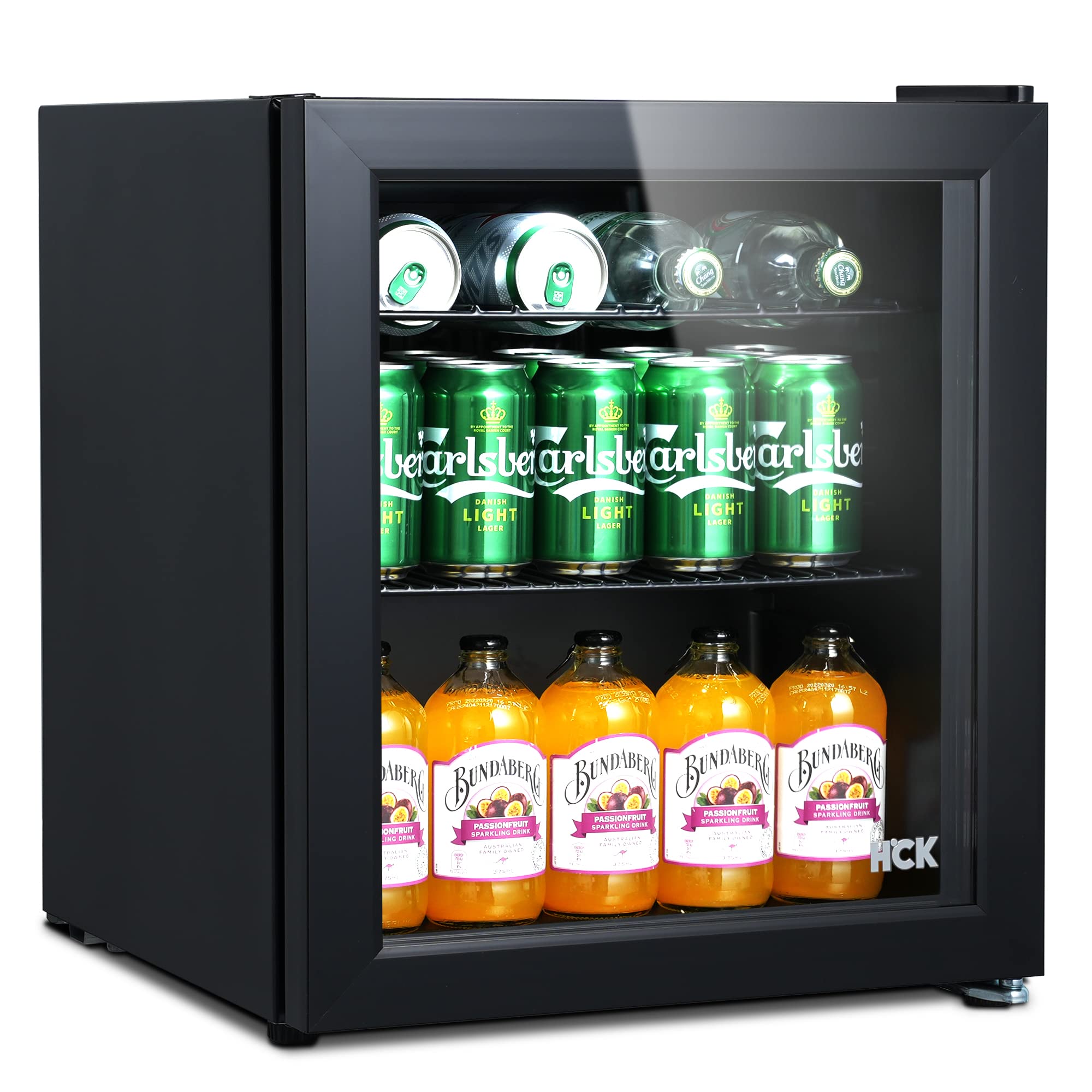 HCK 48L Mini Fridge with Glass Door, 0-15°C Cooling Zone and 2 Shelves, Compact Beverage Refrigerator Cooler for Bar and Living Room