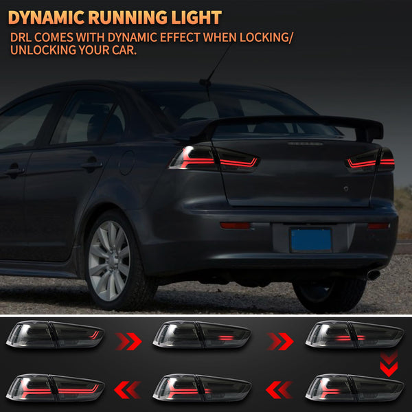 VLAND LED Rear Lights compatible with Lancer & EVO X 2008-2020 (Not Fit fortis/io), w/Sequential indicator, Driver & Passenger Side (Smoked dynamic 2)