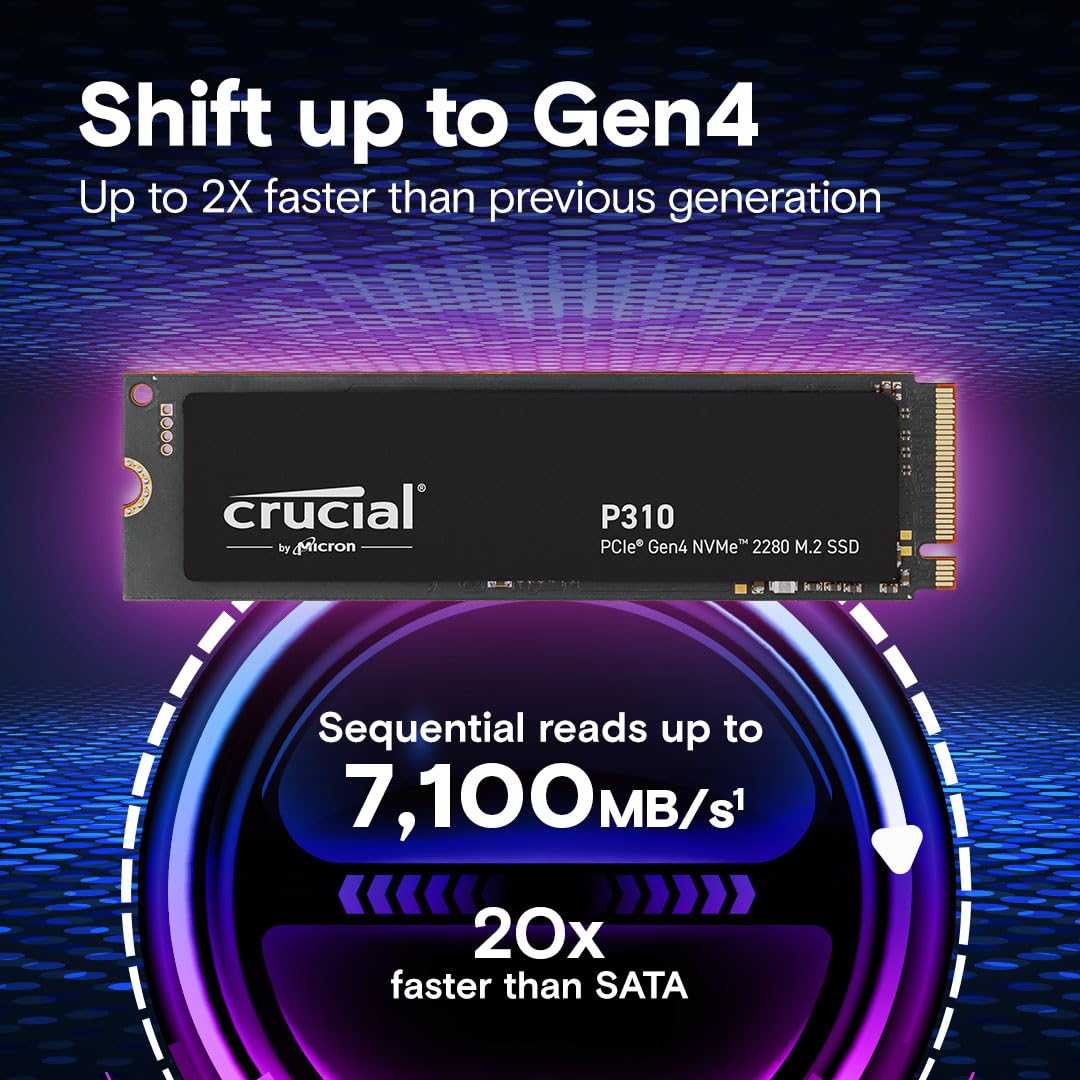 Crucial P310 500GB SSD M.2 2280 NVMe PCIe Gen4 Internal Gaming SSD, Up to 6,600MB/s, Laptop & Desktop (PC) Compatible, Solid State Drive - CT500P310SSD801