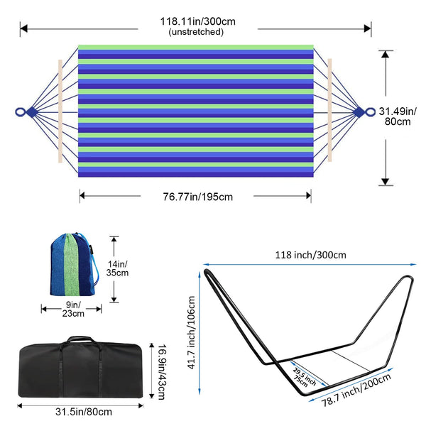 Hammock with Stand, Double Cotton Hammock with Spreader Bars, Space-Saving and Adjustable Steel Stand Perfect for Garden Camping Travel Backyard,