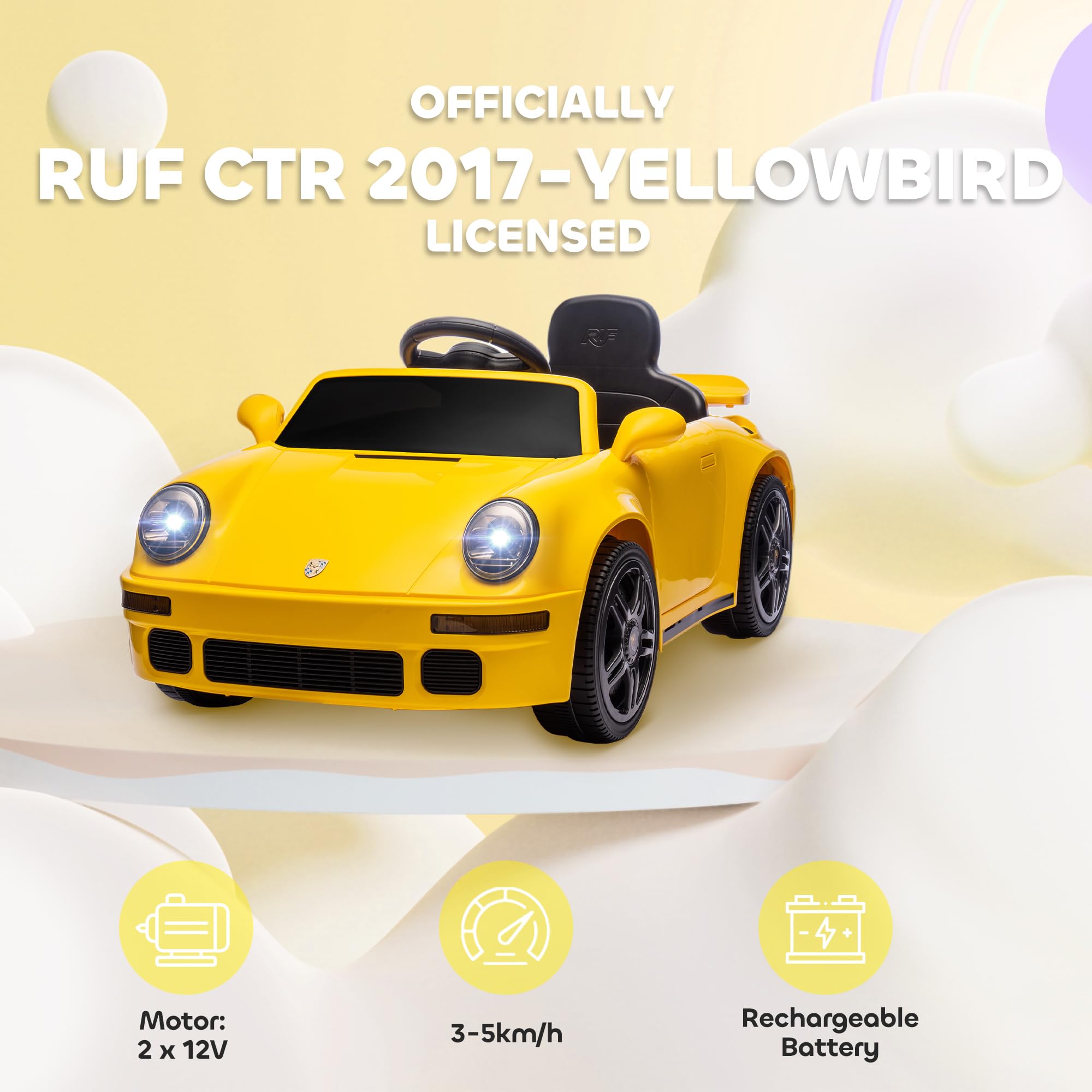 AIYAPLAY Licensed RUF CTR 2017-Yellowbird Electric Car for Kids, Ride On Car 12V Battery Powered Kids Electric Vehicle with Remote Control, Soft Start, MP3 Player, LED Lights, Horn, Yellow