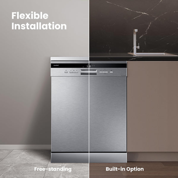COMFEE' Freestanding Dishwasher FD1435E-X with 14 place settings, Full Size, Whisper Quiet 44dB, Wide LED Display, Delay Start, Half Load Function, Flexible Racks, Stainless Steel