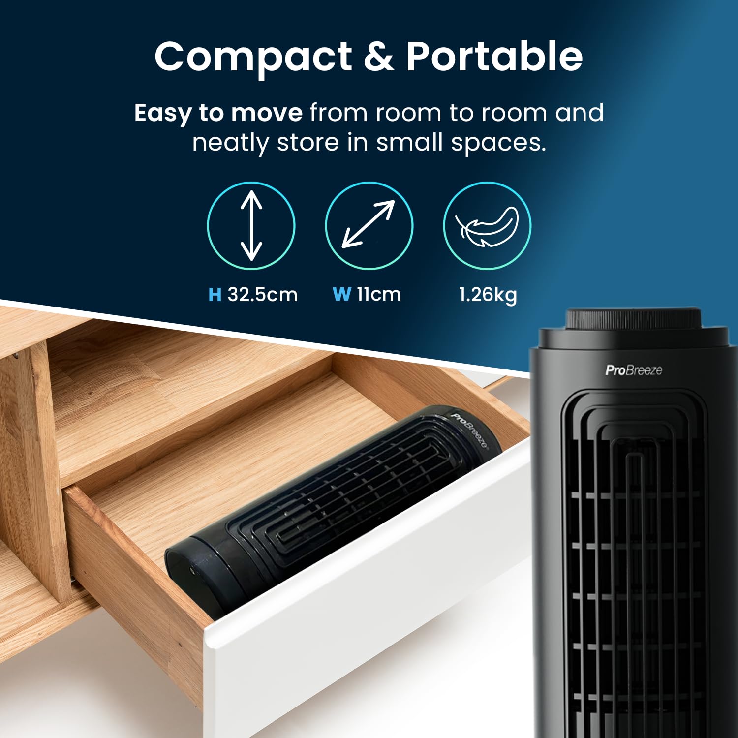 Pro Breeze Bladeless Tower Fan Quiet & Portable with Remote Control, 90° Oscillation, 15h Timer, 4 Modes, 3 Speeds - Powerful Electric 45W Motor Standing Air Circulator for Bedroom & Office