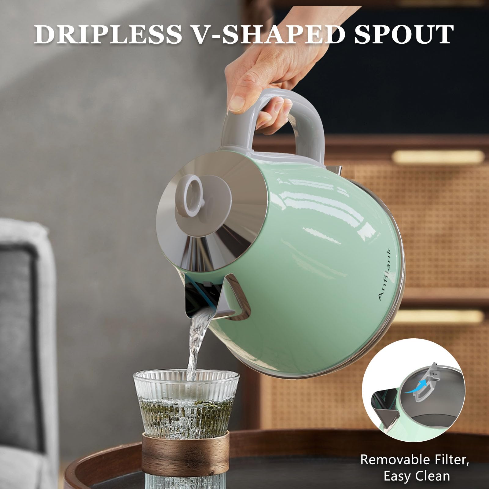 Anfilank Electric Kettle, Stainless Steel 1.7L, Rapid Boil 3000W, BPA Free, Auto Shut-Off and Boil-Dry Protection, Green