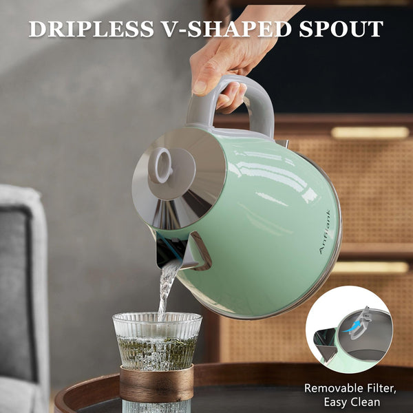 Anfilank Electric Kettle, Stainless Steel 1.7L, Rapid Boil 3000W, BPA Free, Auto Shut-Off and Boil-Dry Protection, Green