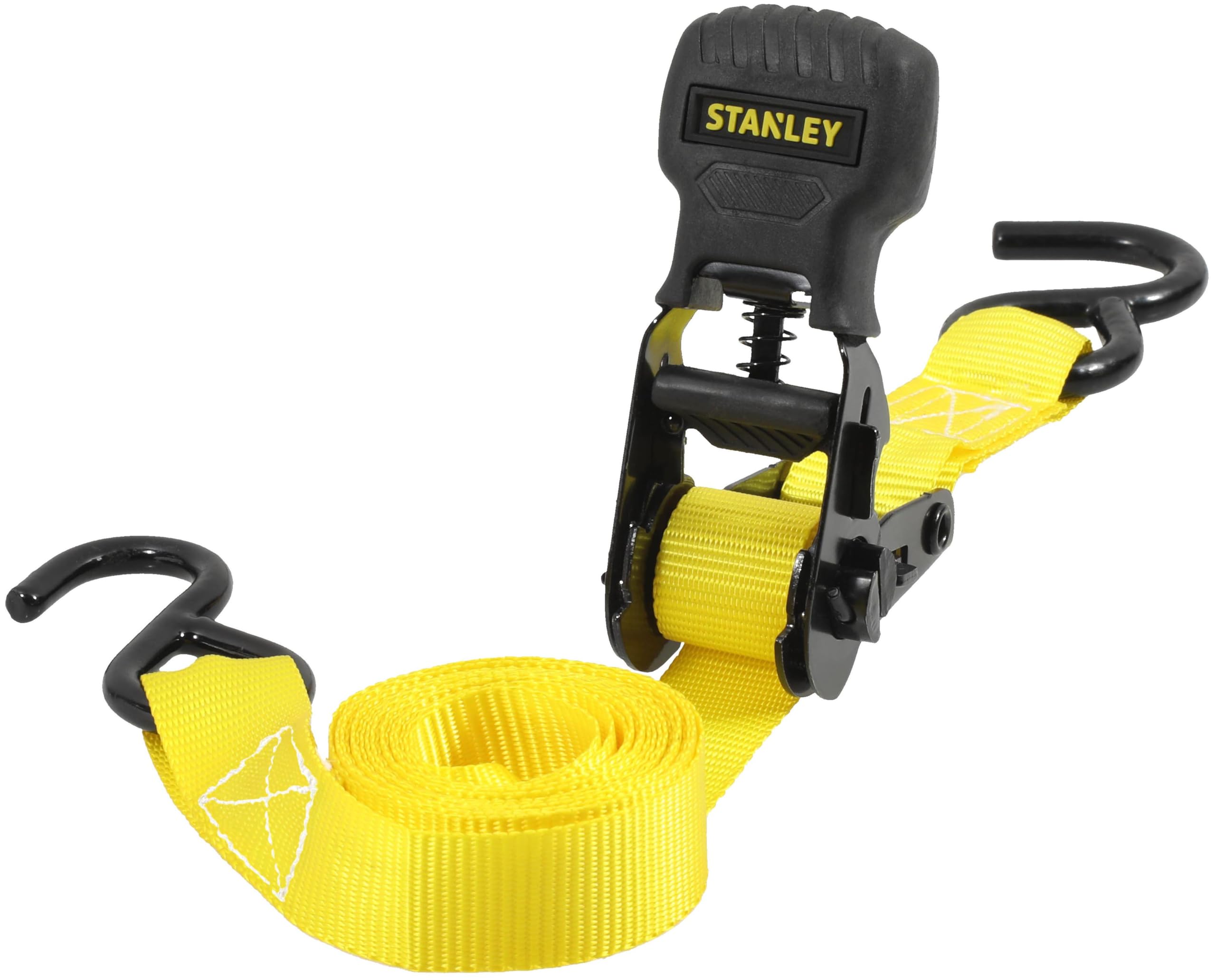 STANLEY S1007 Black/Yellow 1.5" x 16' Ratchet Tie Down Straps - 1,100 lb Safe Working Load / 3,300 lb Break Strength, 2 Pack