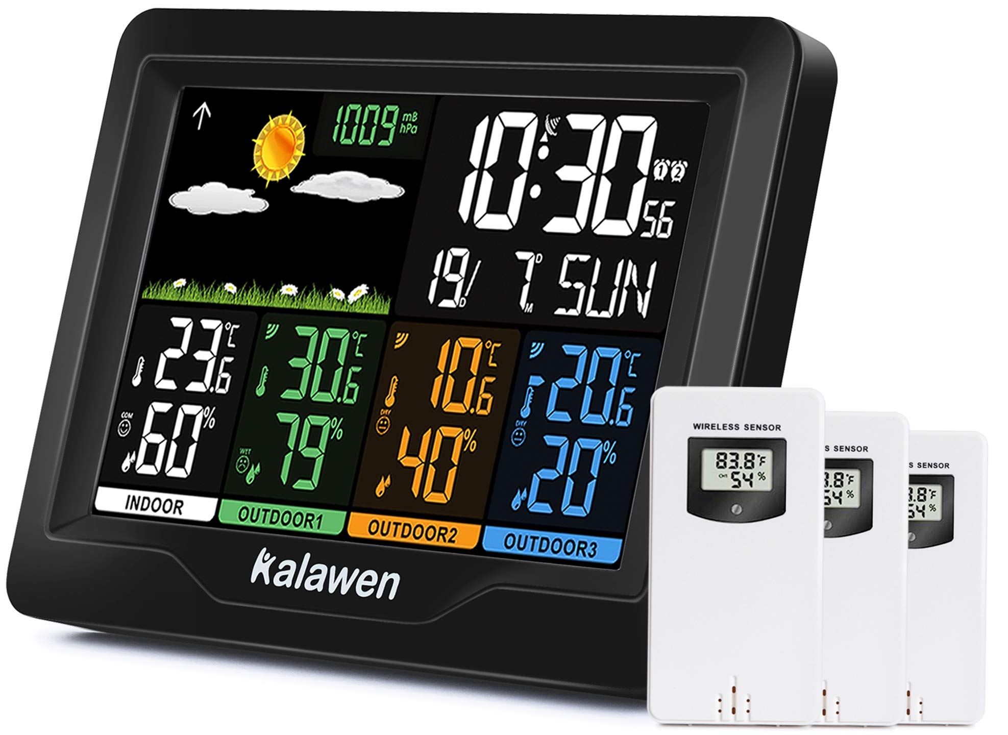 Kalawen Weather Station with 3 Outdoor Sensors, MSF Wireless Digital Alarm Clock, Barometer, Temperature, Humidity Monitor, Weather Forecast for Home