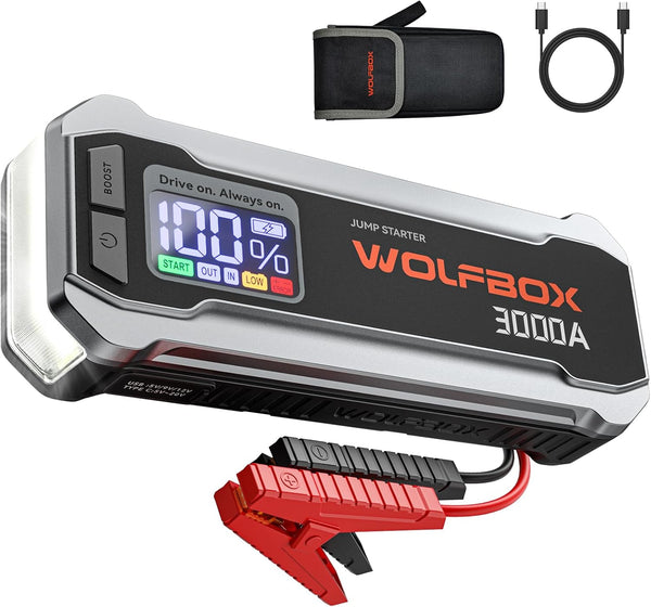 WOLFBOX Jump Starter Power Pack, 3000A Car Battery Booster for 12V Vehicle with 65W Quick Charge, Car Jump Starter Power Bank for 8L Gas 6L Diesel Engine with LED Light, Jumper Cables