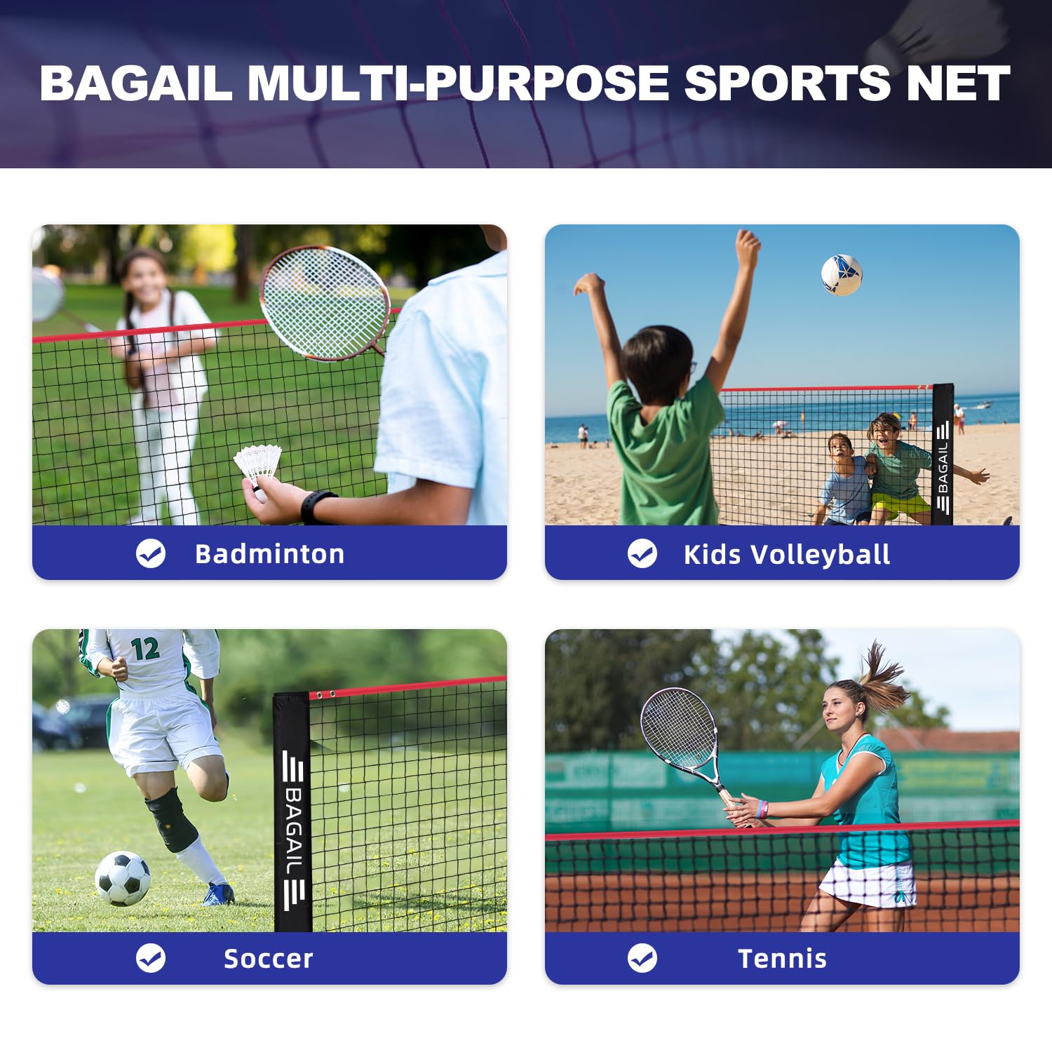 BAGAIL Badminton Net, Foldable Nylon Net, Hieght Adjustable Stand and Portable Carry Bag, Easy to Assemble or Disassemble, Ideal Recreational Sports Net for Tennis, Kids Badminton or Volleyball