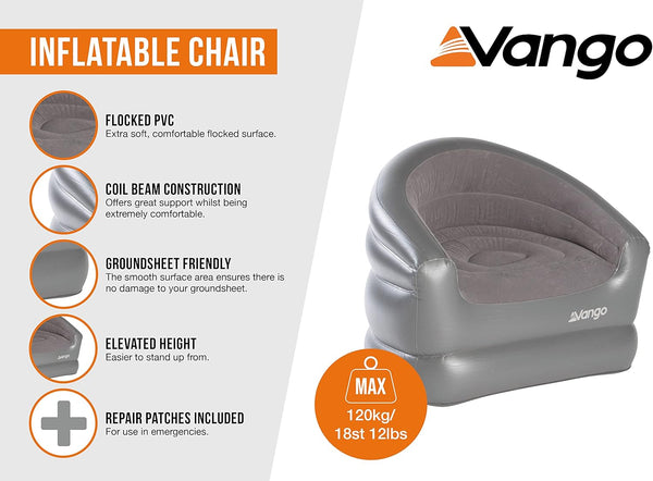 Vango Inflatable Chair for Camping, Events, Garden, Bedroom, Comfy Flock Chair for Adults, Kids