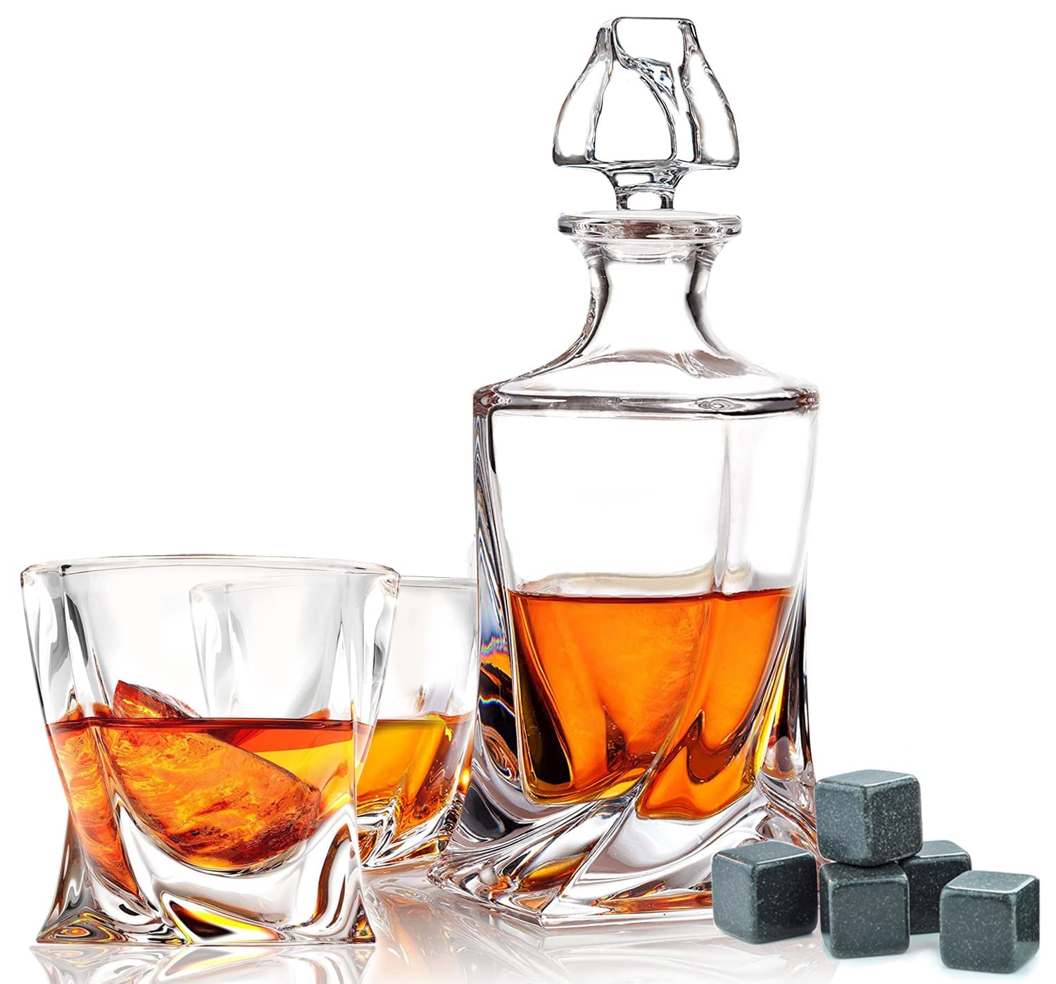 FLOW Barware Deluxe Whiskey Decanter and Glass Set | Twist Design Decanter Set & 2 Whiskey Glasses with 6 Granite Whiskey Stones | Whisky Decanter