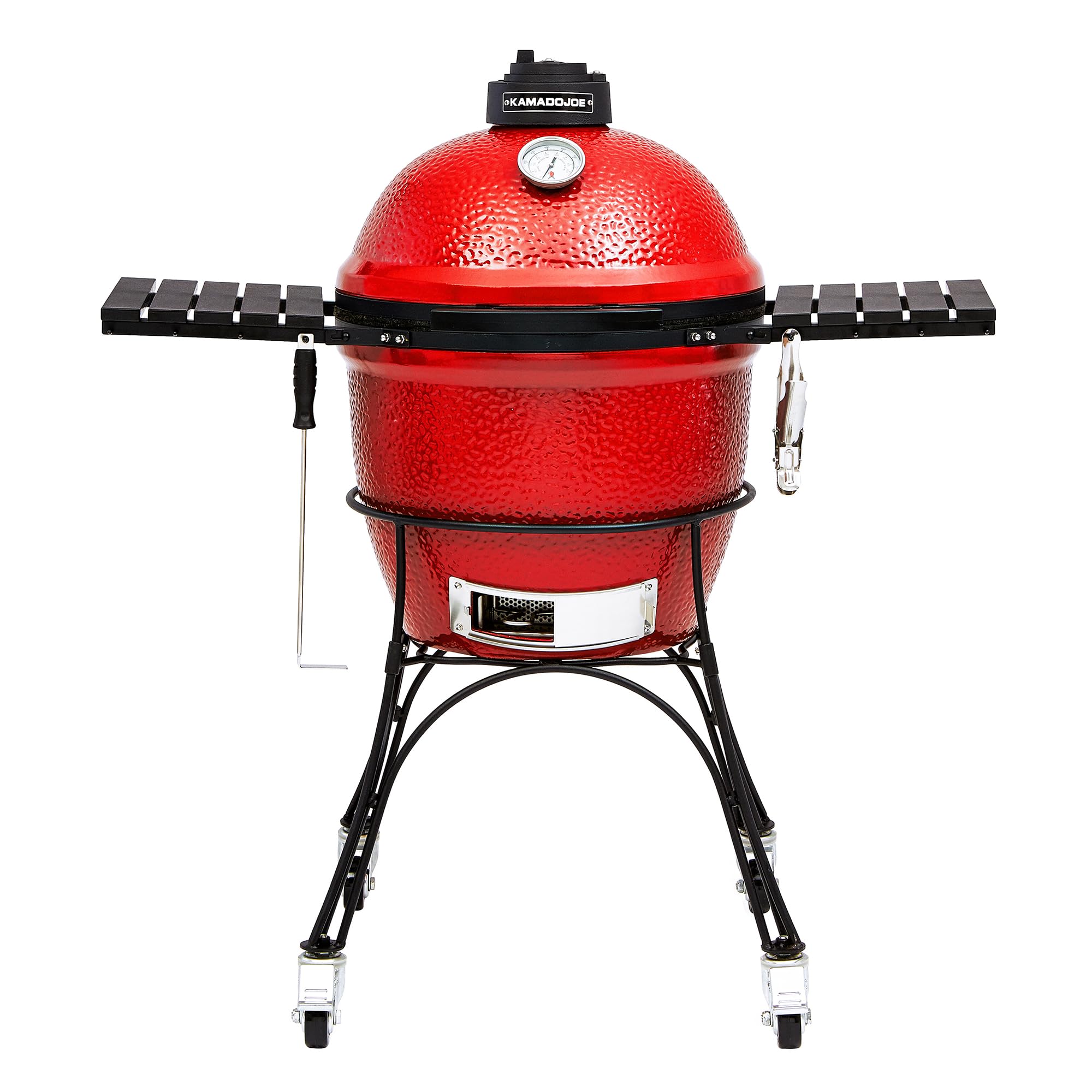 Kamado Joe KJ23RHC Classic II Smoker BBQ, Outdoor Charcoal Barbecue Grill In Red With Cast Iron Cart, Heat Deflectors And Ash Tool
