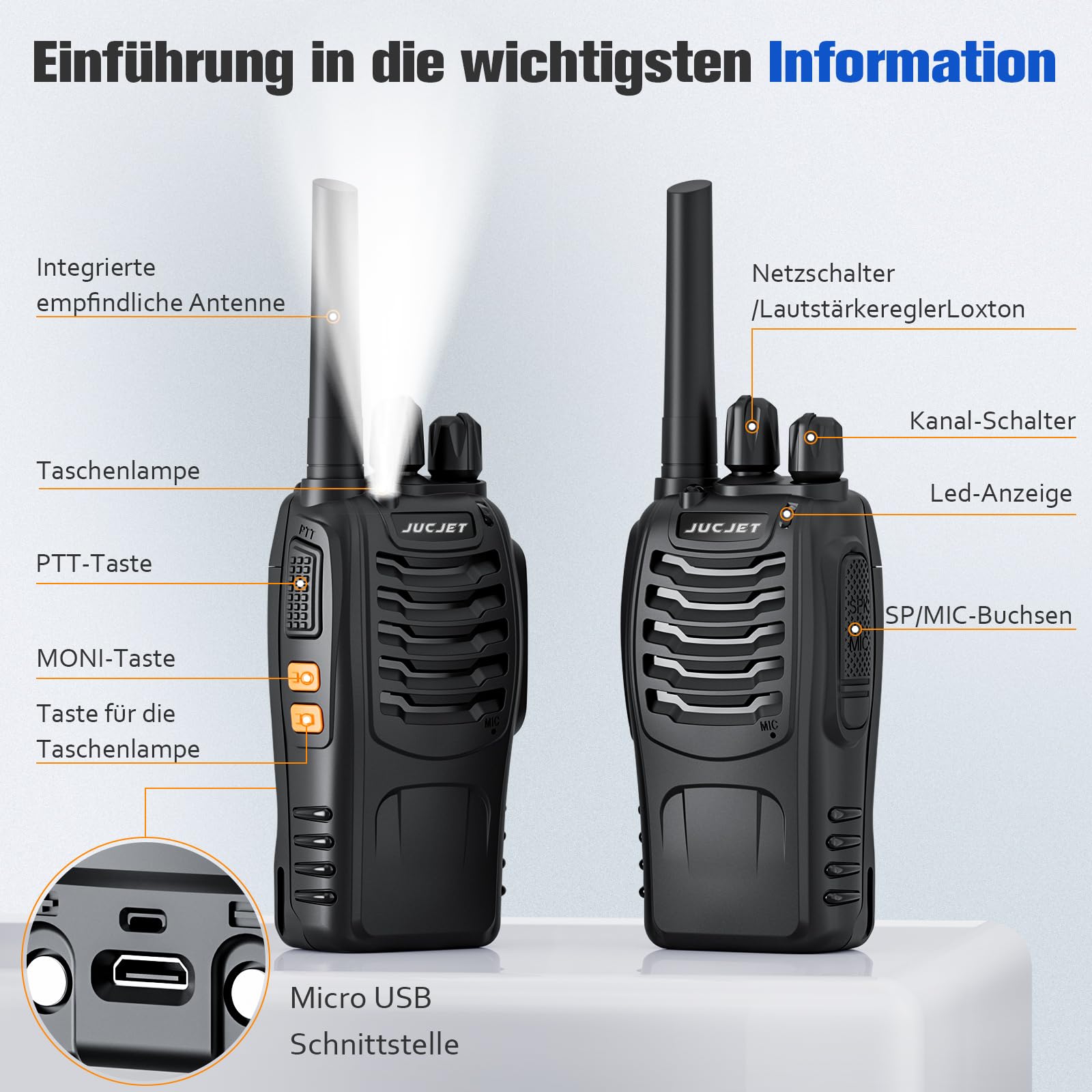 JUCJET Walkie Talkies 2023 Upgraded 88E Walkie Talkie Long Range for Adults with Earpieces, 16 Channel Handheld 2 Way Radio Rechargeable with Flashlight Li-ion Battery and Charger(4 Pack)